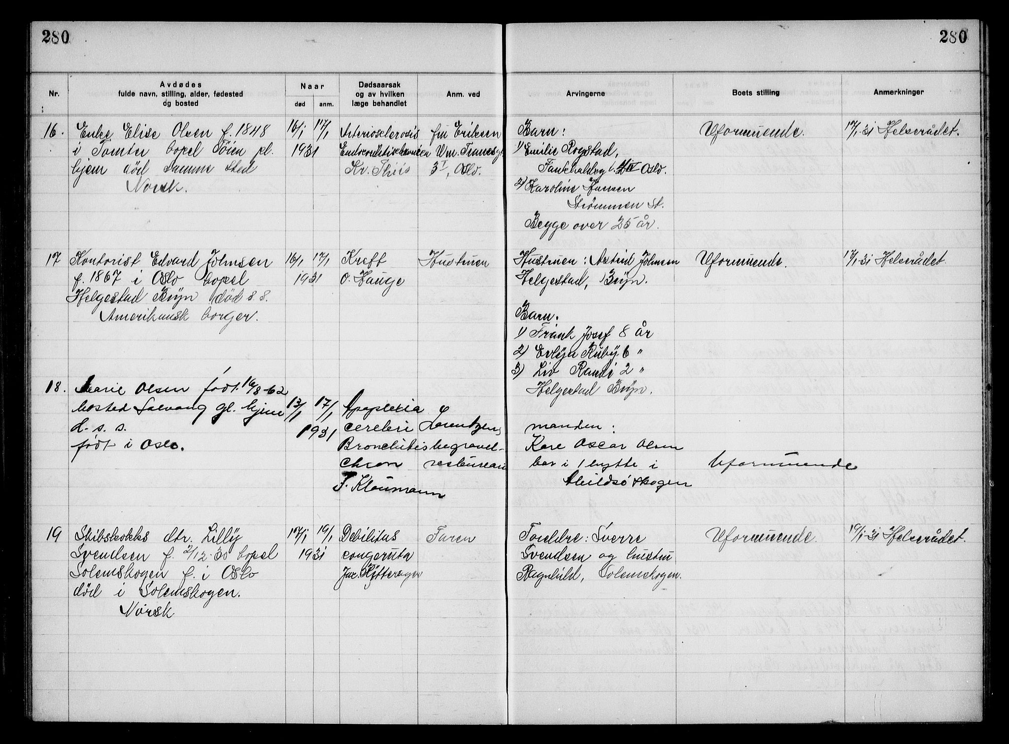 Aker kriminaldommer, skifte- og auksjonsforvalterembete, AV/SAO-A-10452/H/Hb/Hba/Hbac/L0002: Dødsfallsprotokoll for Østre Aker, 1927-1931, p. 280