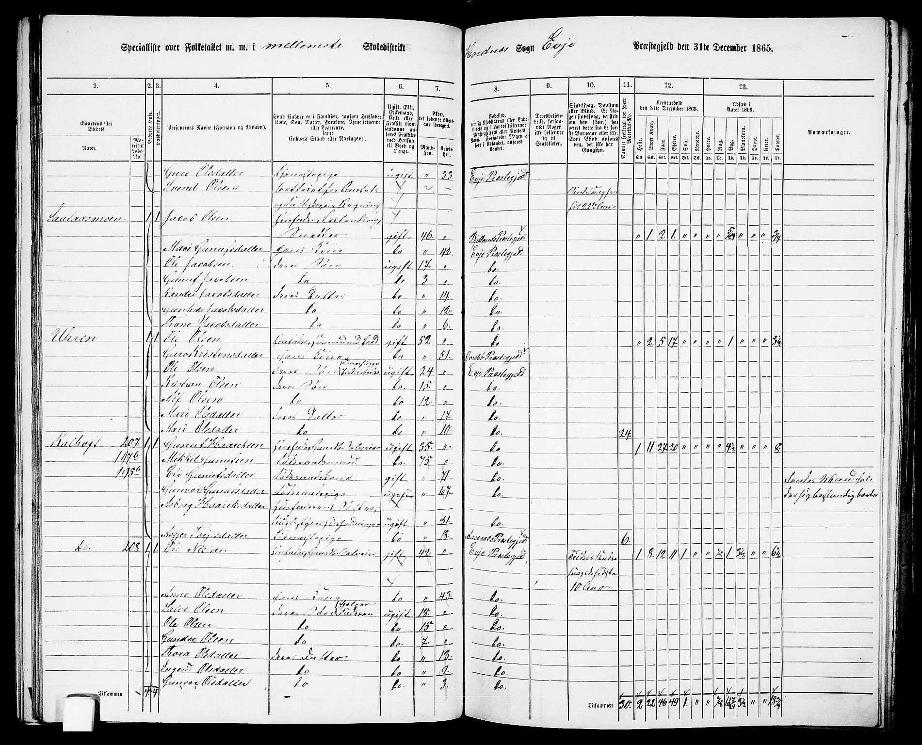 RA, 1865 census for Evje, 1865, p. 90