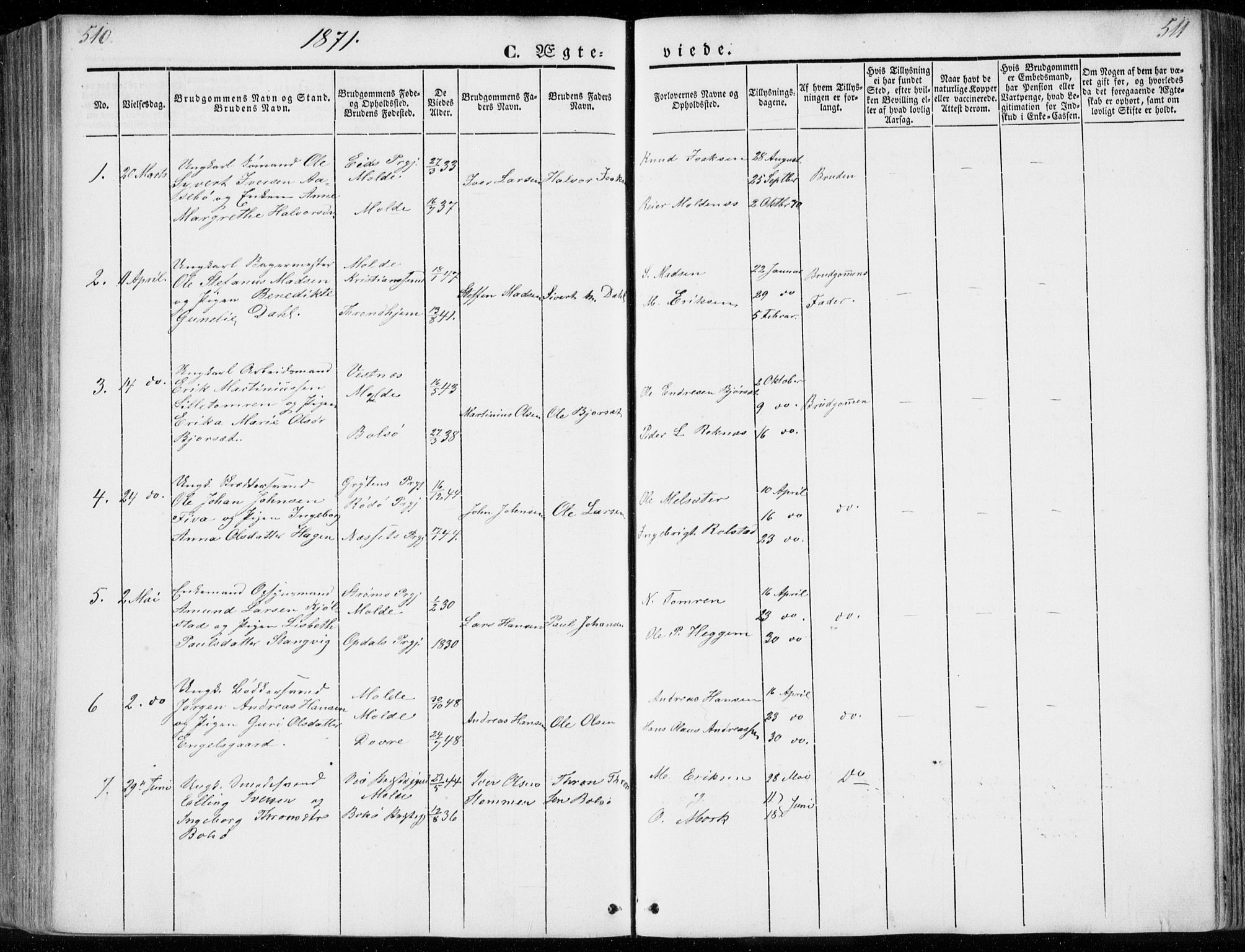 Ministerialprotokoller, klokkerbøker og fødselsregistre - Møre og Romsdal, SAT/A-1454/558/L0689: Parish register (official) no. 558A03, 1843-1872, p. 510-511