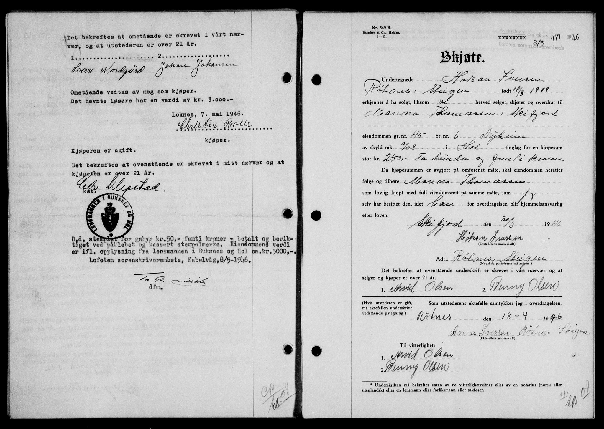 Lofoten sorenskriveri, SAT/A-0017/1/2/2C/L0014a: Mortgage book no. 14a, 1946-1946, Diary no: : 471/1946