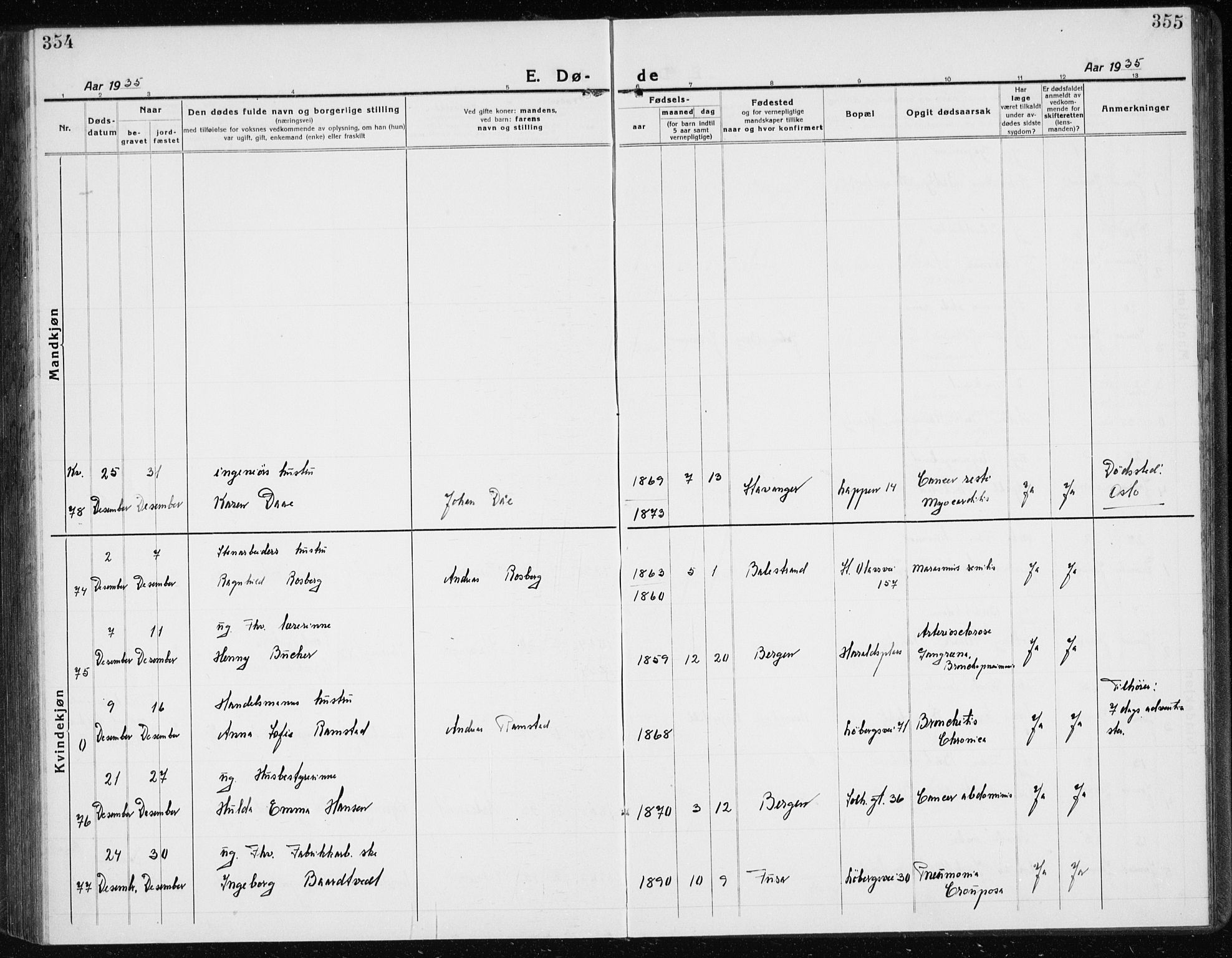 Årstad Sokneprestembete, AV/SAB-A-79301/H/Hab/L0025: Parish register (copy) no. D 2, 1922-1940, p. 354-355