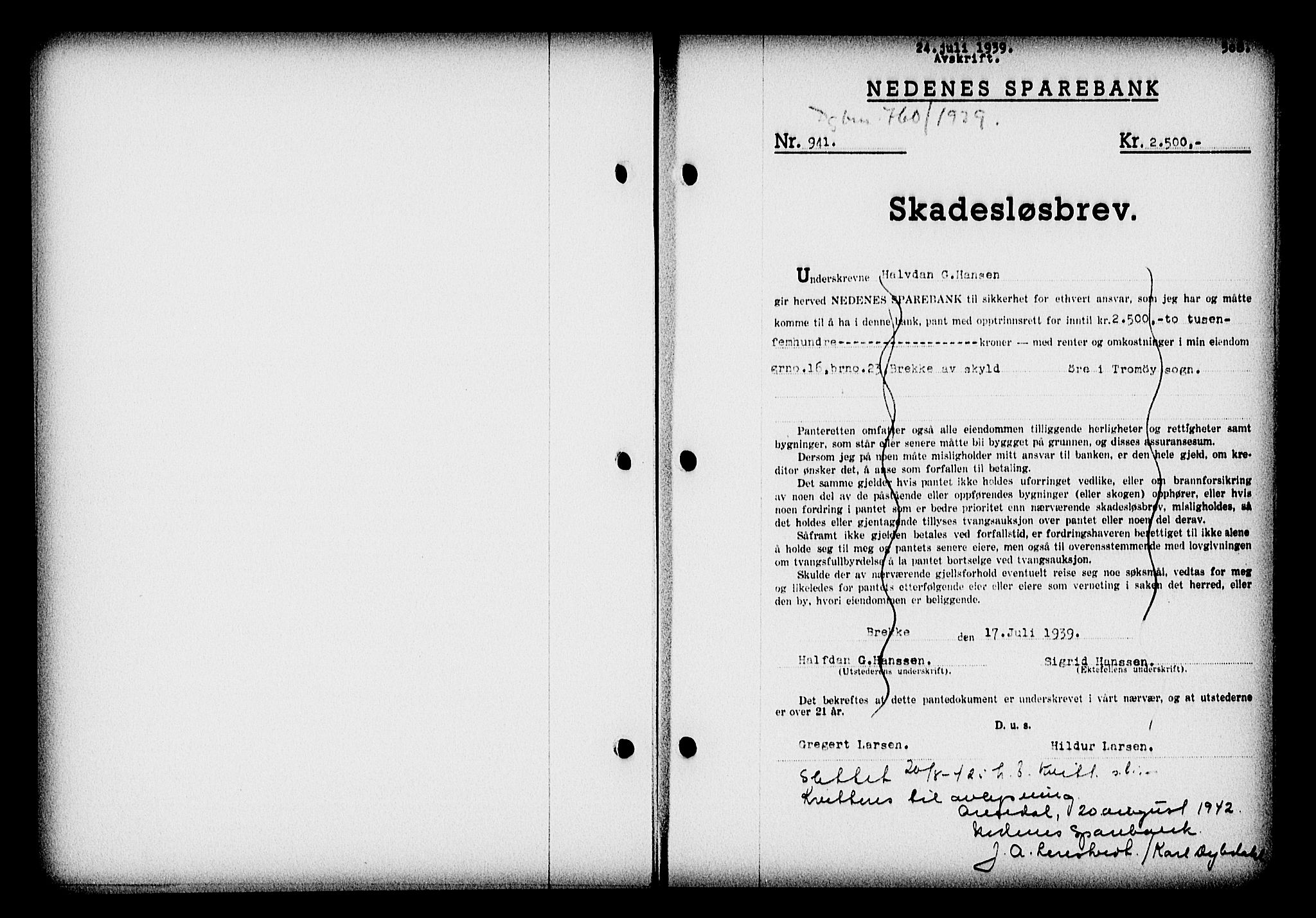 Nedenes sorenskriveri, SAK/1221-0006/G/Gb/Gba/L0046: Mortgage book no. 42, 1938-1939, Diary no: : 760/1939