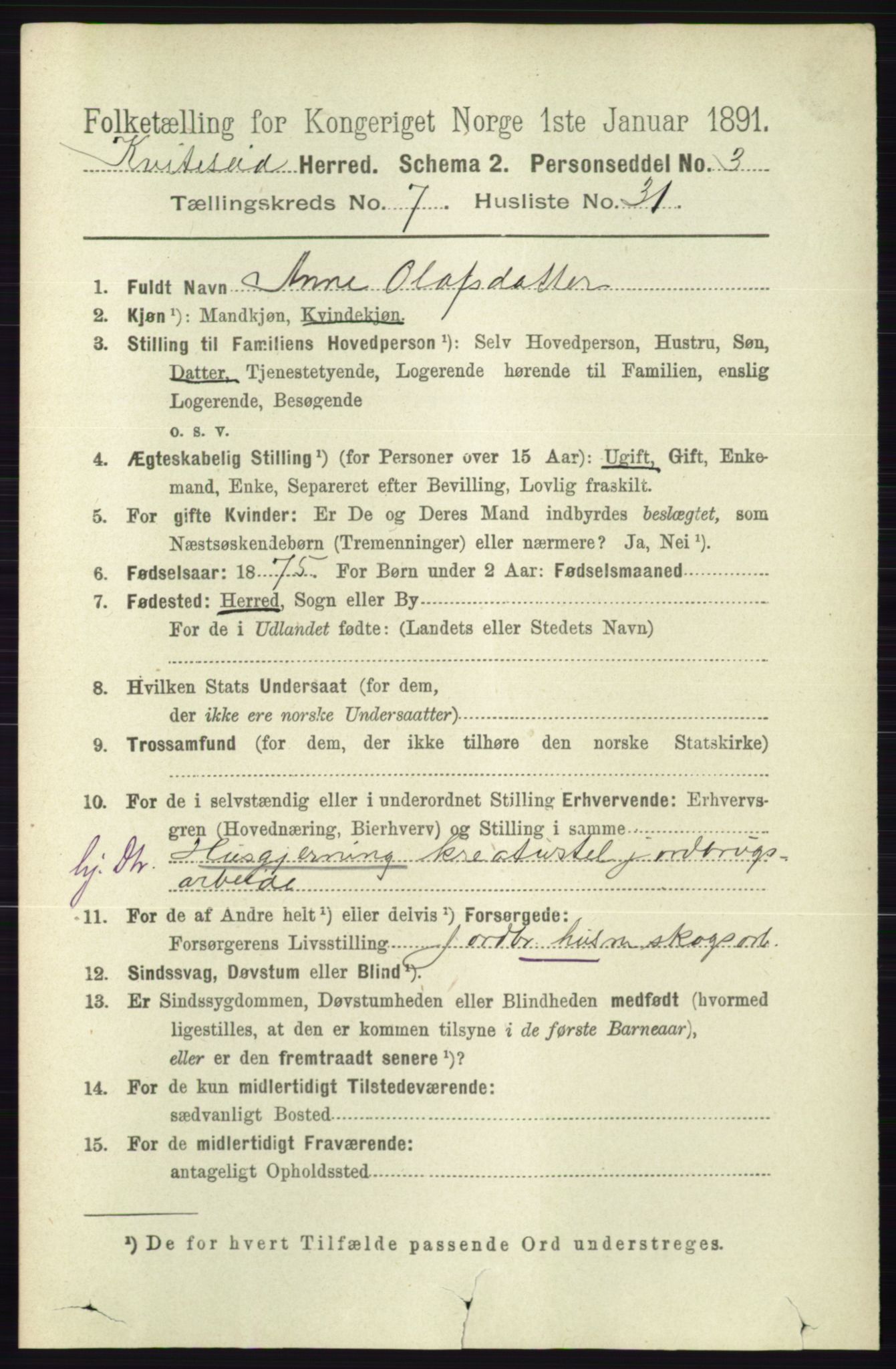 RA, 1891 census for 0829 Kviteseid, 1891, p. 1534