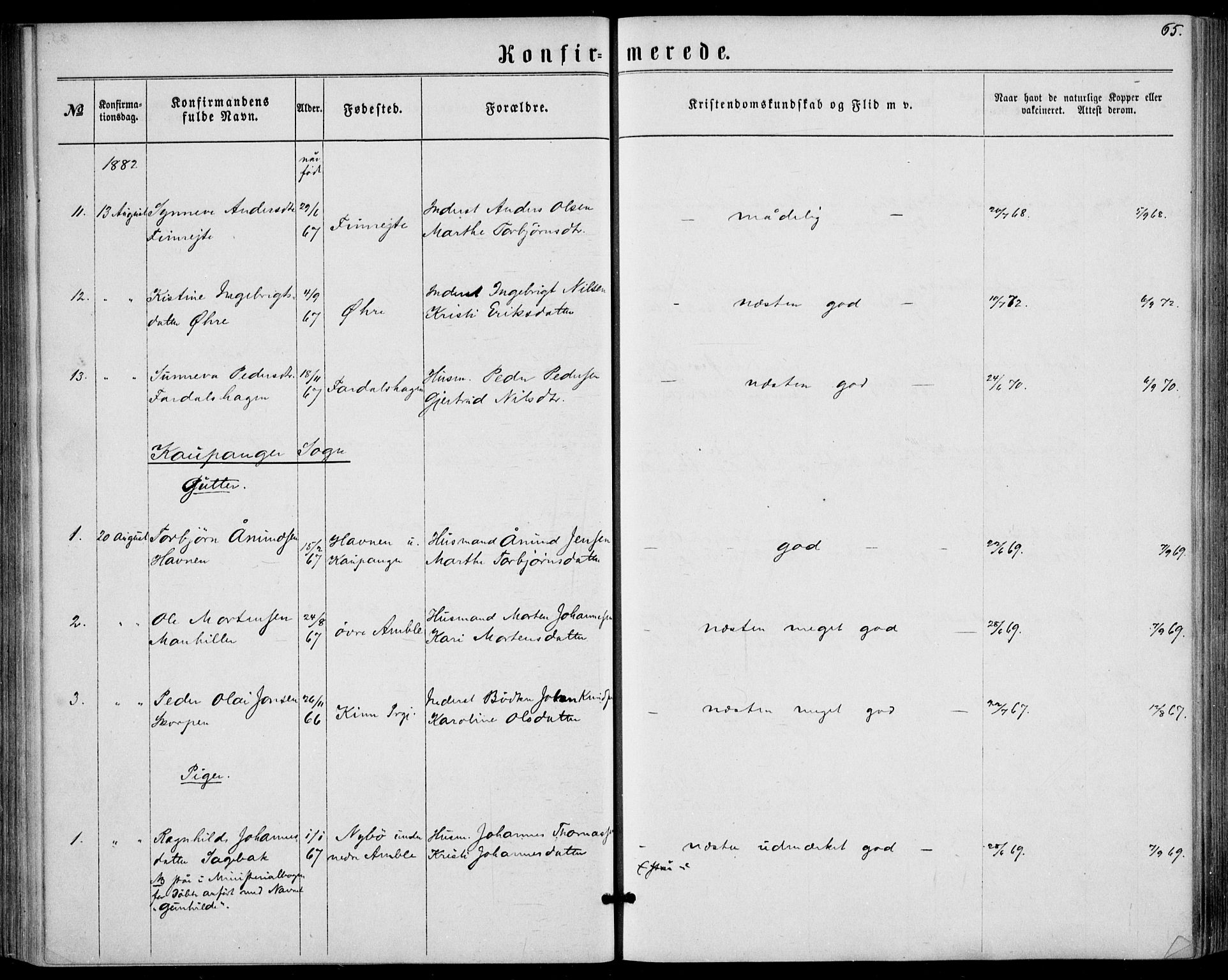 Sogndal sokneprestembete, SAB/A-81301/H/Haa/Haaa/L0015: Parish register (official) no. A 15, 1871-1904, p. 65