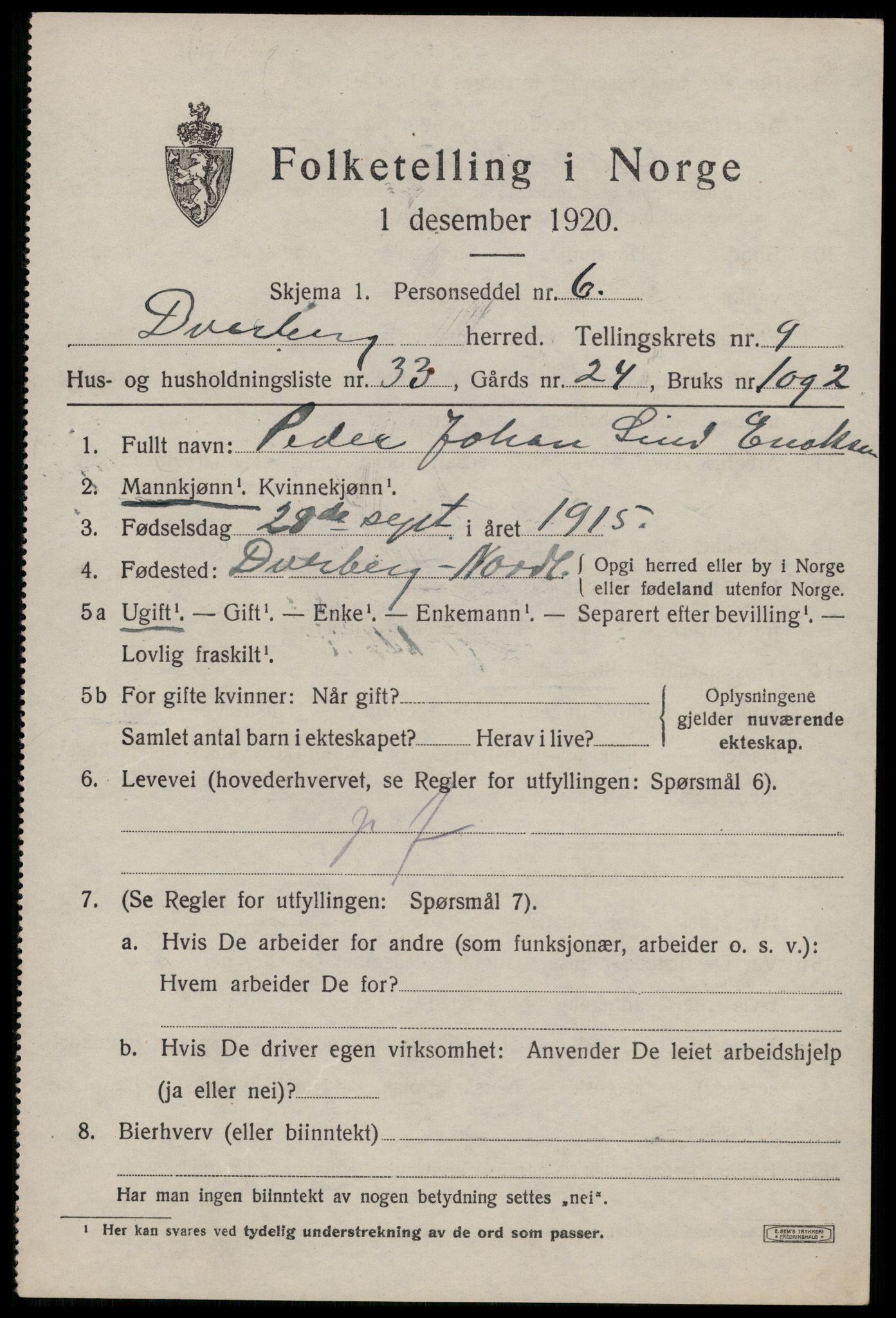 SAT, 1920 census for Dverberg, 1920, p. 8282