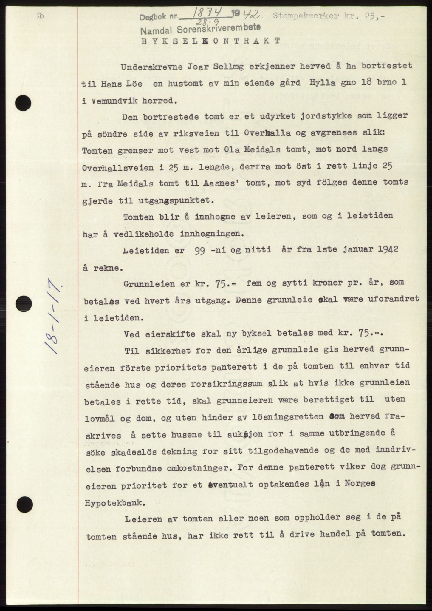 Namdal sorenskriveri, SAT/A-4133/1/2/2C: Mortgage book no. -, 1942-1943, Diary no: : 1874/1942