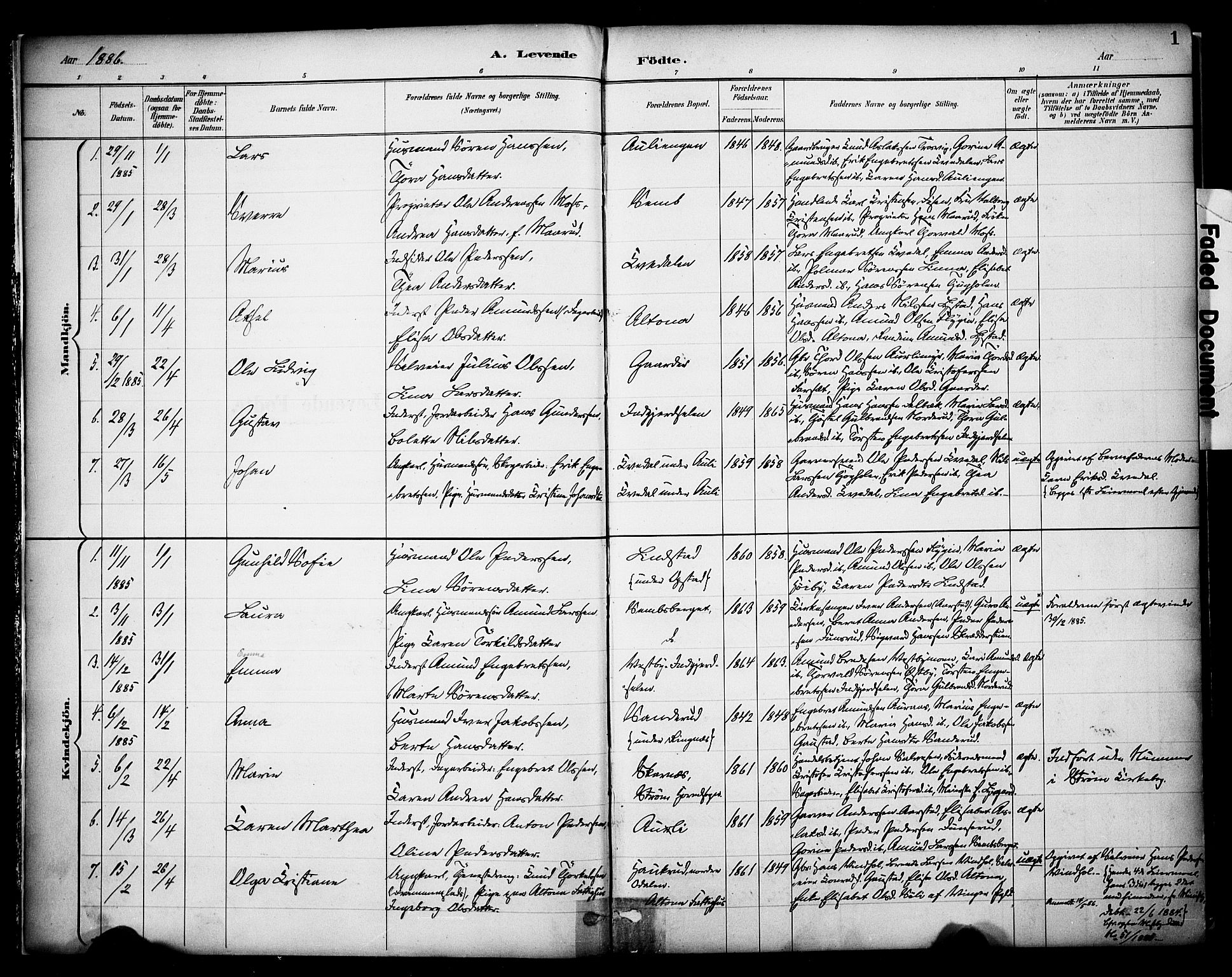 Sør-Odal prestekontor, AV/SAH-PREST-030/H/Ha/Haa/L0009: Parish register (official) no. 9, 1886-1926, p. 1