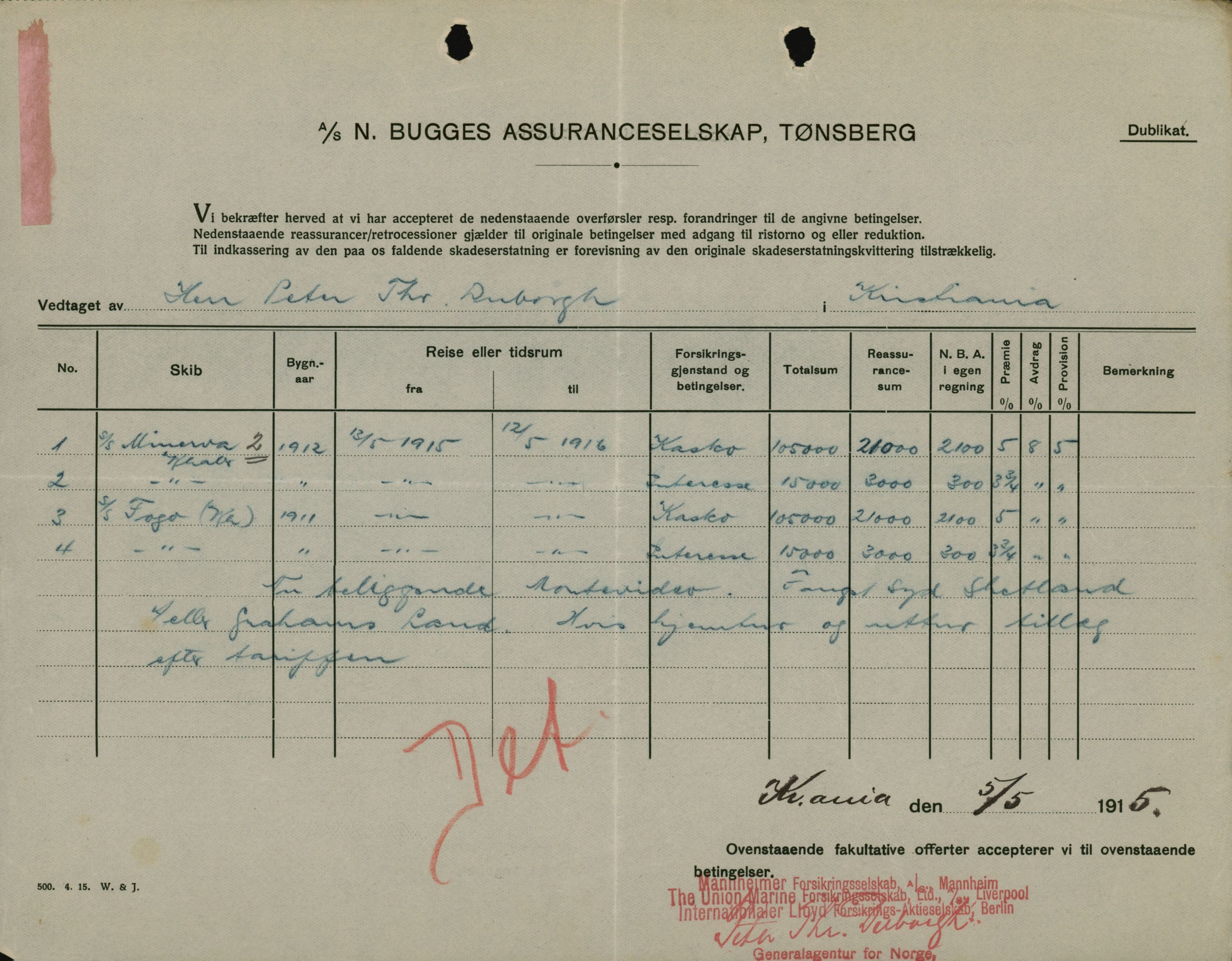 Pa 664 - Tønsberg Sjøforsikringsselskap, VEMU/A-1773/F/L0001: Forsikringspoliser, 1915-1918