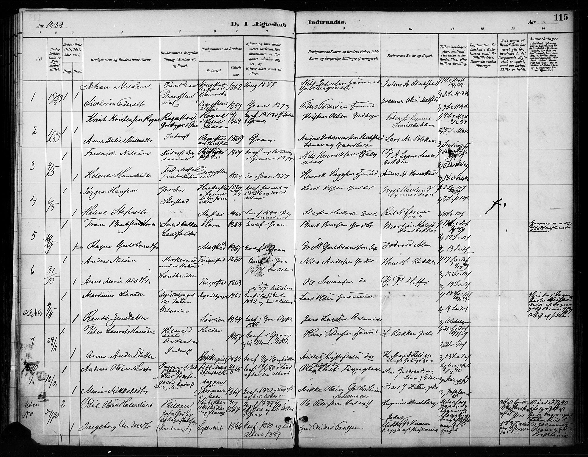 Gran prestekontor, SAH/PREST-112/H/Ha/Haa/L0018: Parish register (official) no. 18, 1889-1899, p. 115