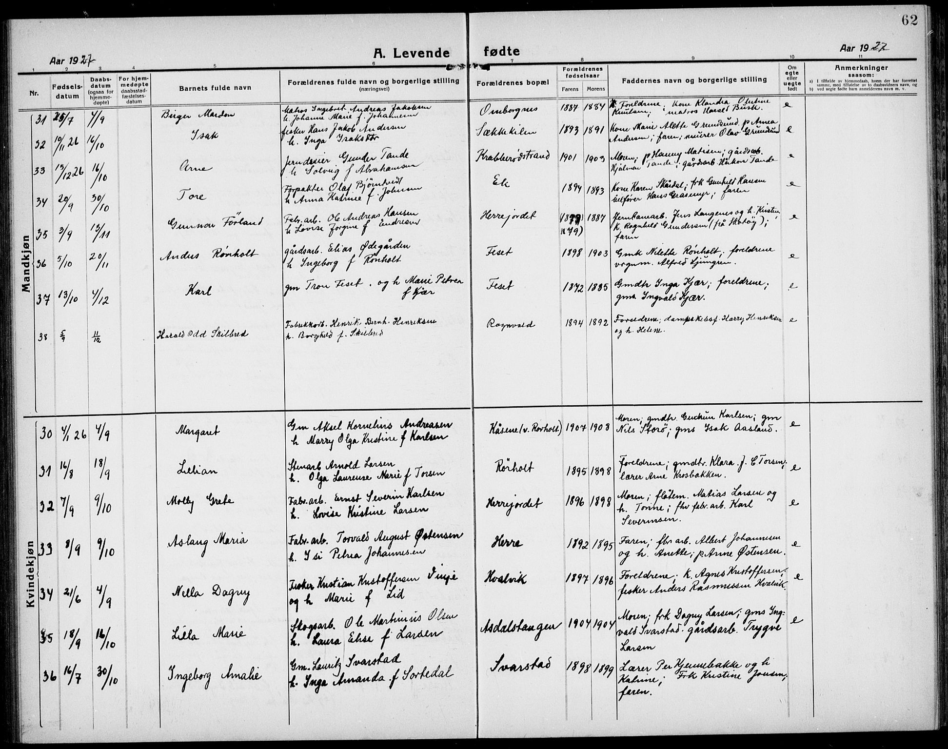 Bamble kirkebøker, AV/SAKO-A-253/G/Ga/L0011: Parish register (copy) no. I 11, 1920-1935, p. 62