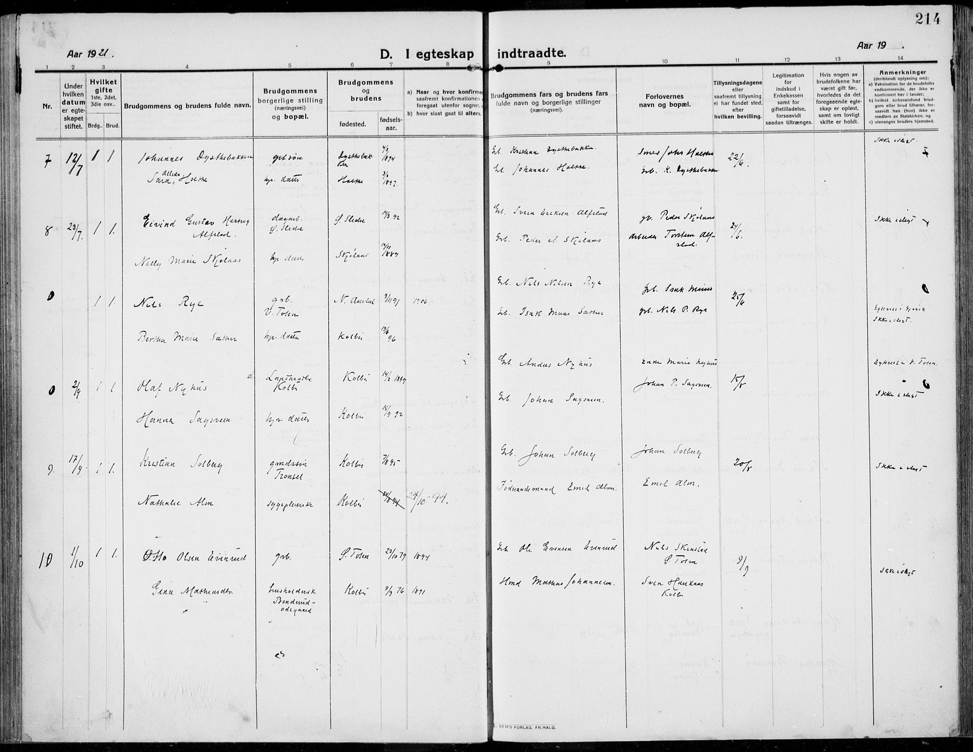 Kolbu prestekontor, SAH/PREST-110/H/Ha/Haa/L0002: Parish register (official) no. 2, 1912-1926, p. 214