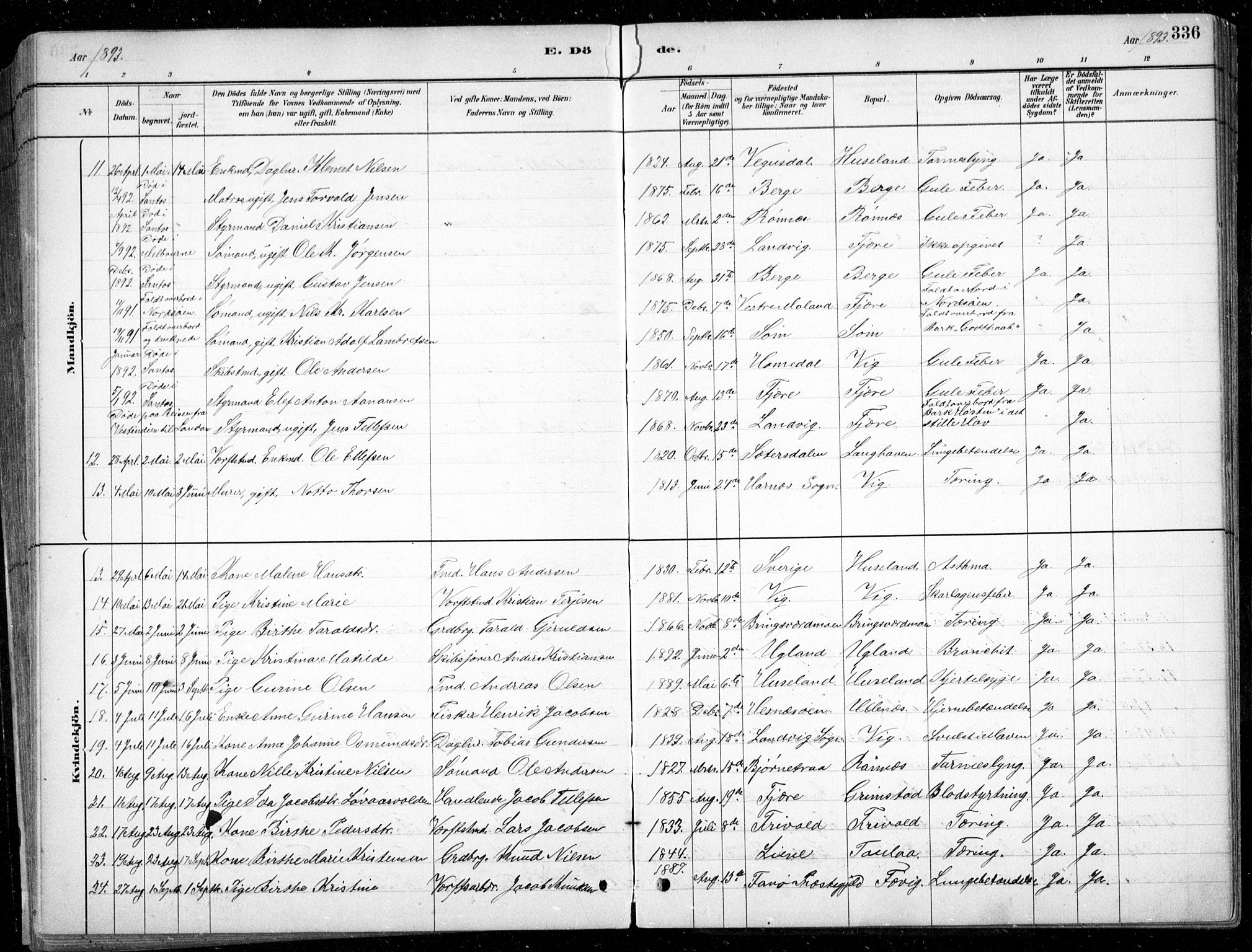 Fjære sokneprestkontor, AV/SAK-1111-0011/F/Fb/L0011: Parish register (copy) no. B 11, 1881-1905, p. 336