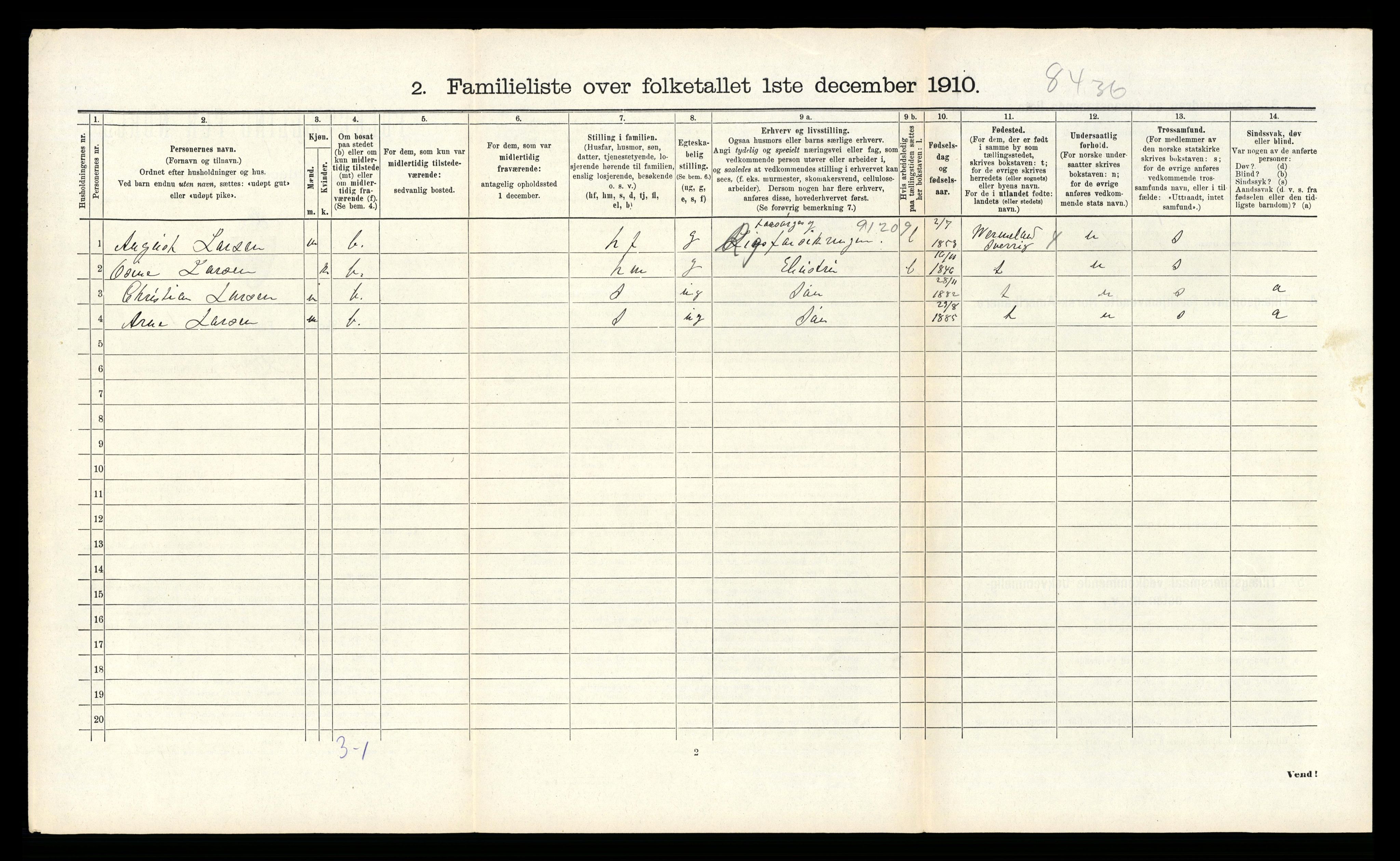 RA, 1910 census for Larvik, 1910, p. 4132