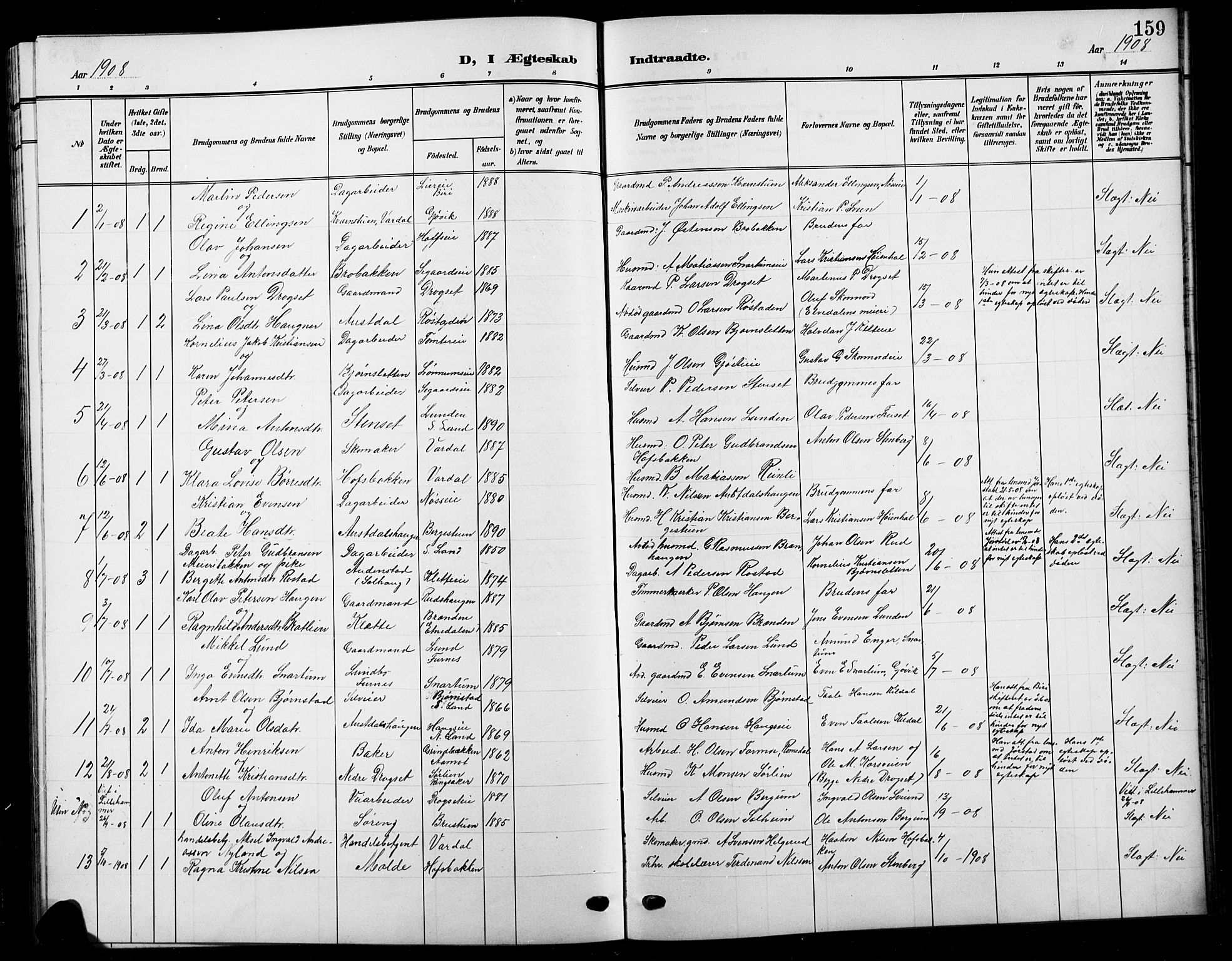 Biri prestekontor, SAH/PREST-096/H/Ha/Hab/L0005: Parish register (copy) no. 5, 1906-1919, p. 159