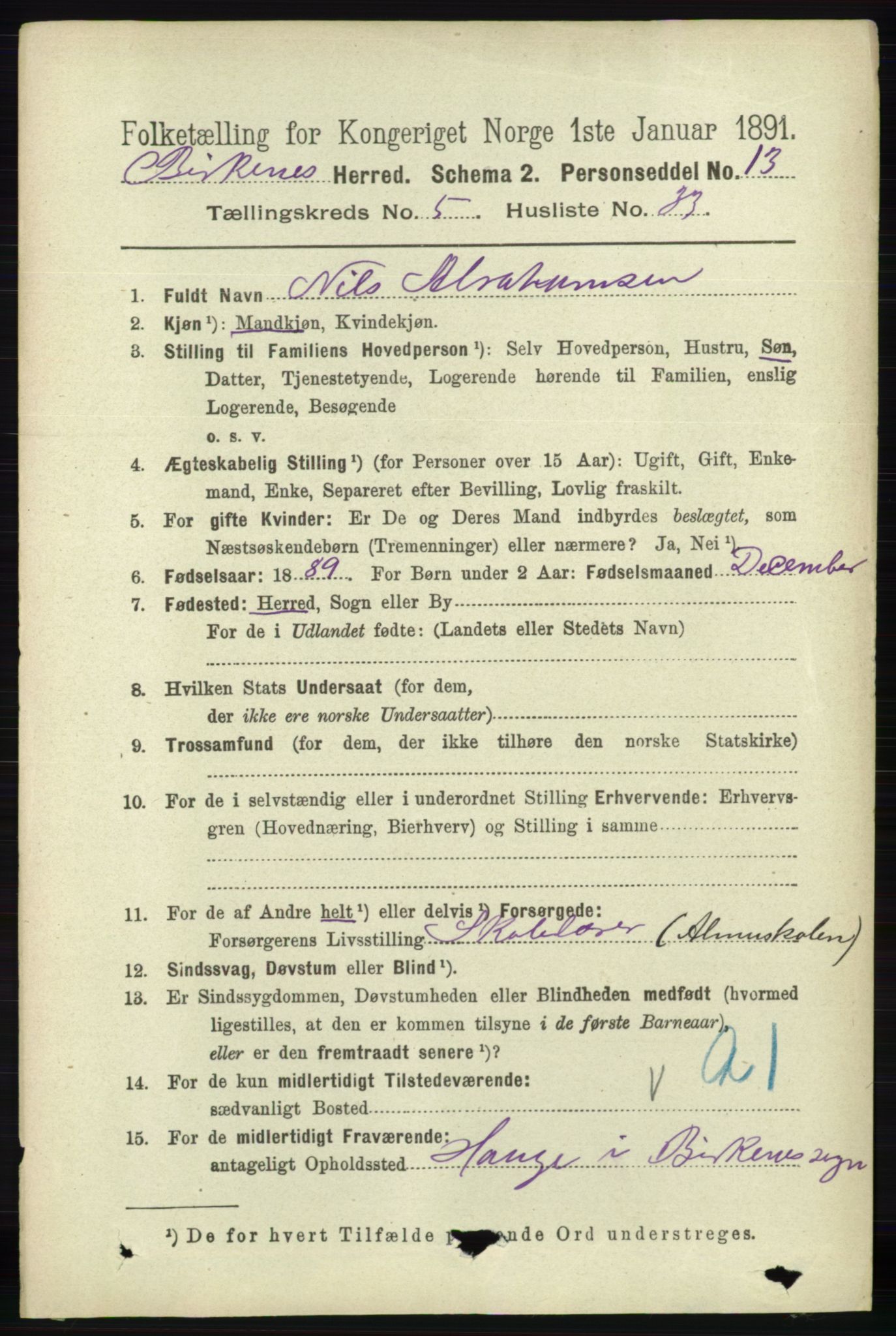 RA, 1891 Census for 0928 Birkenes, 1891, p. 1762