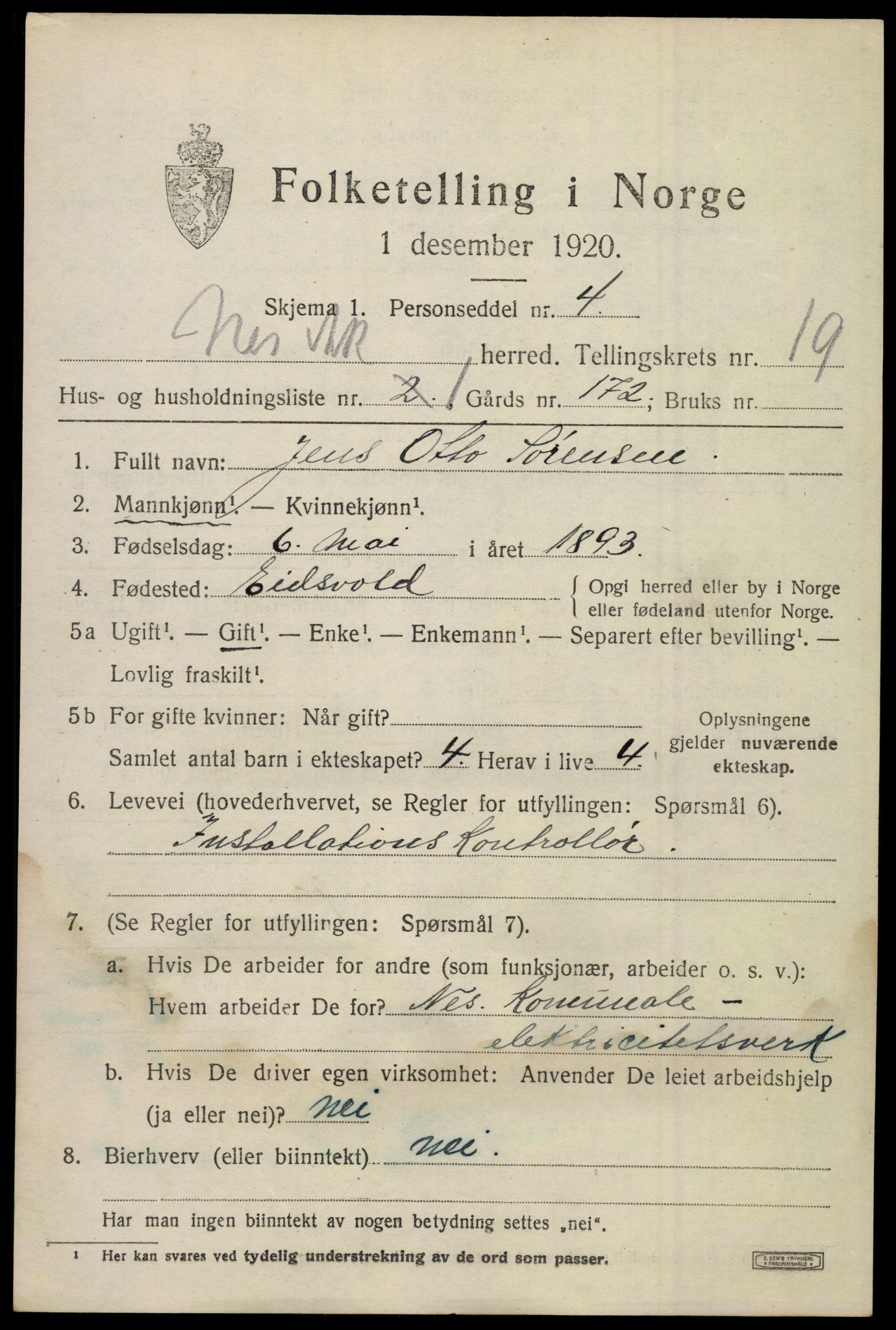 SAO, 1920 census for Nes, 1920, p. 19114