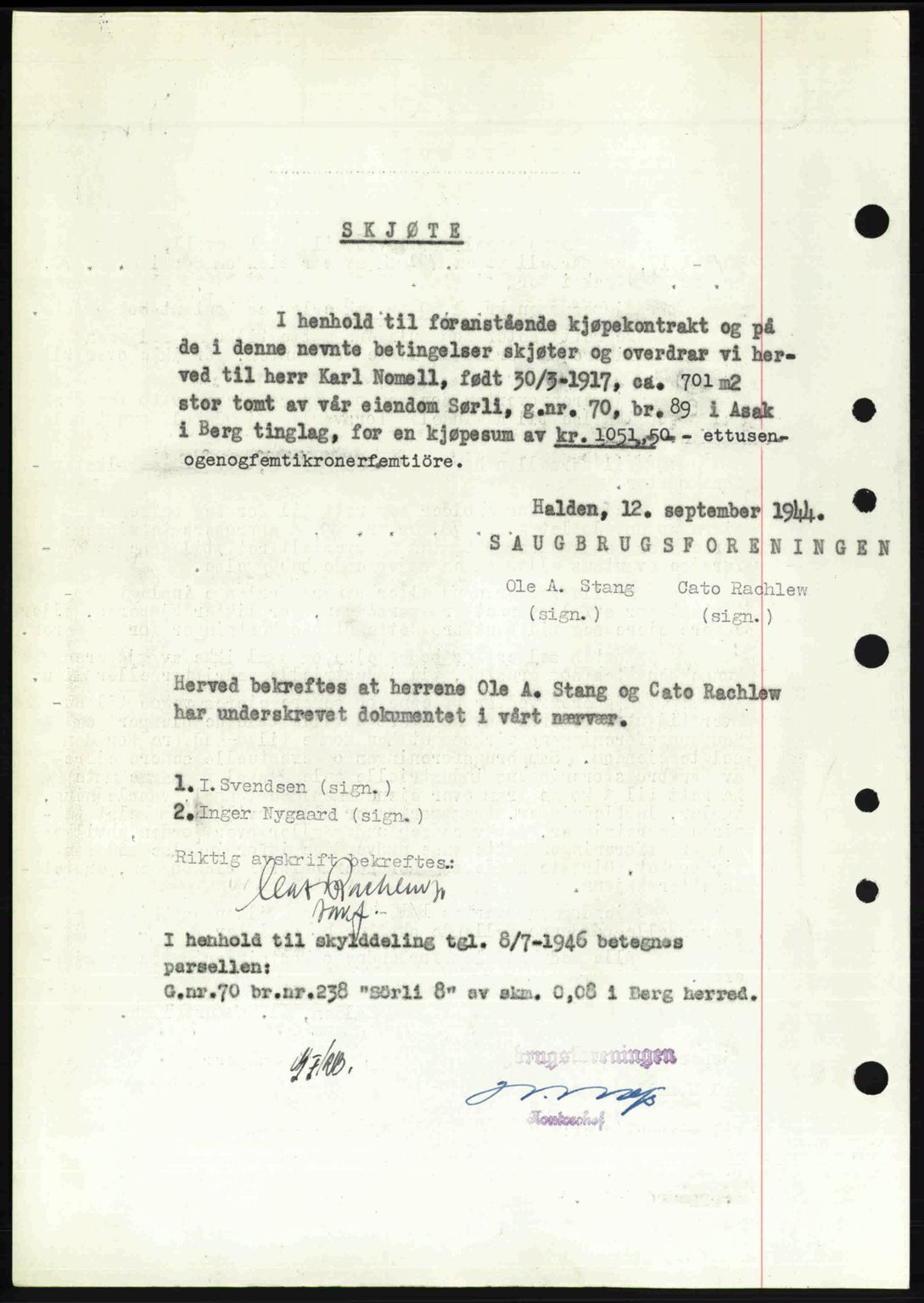 Idd og Marker sorenskriveri, AV/SAO-A-10283/G/Gb/Gbb/L0008: Mortgage book no. A8, 1946-1946, Diary no: : 1349/1946