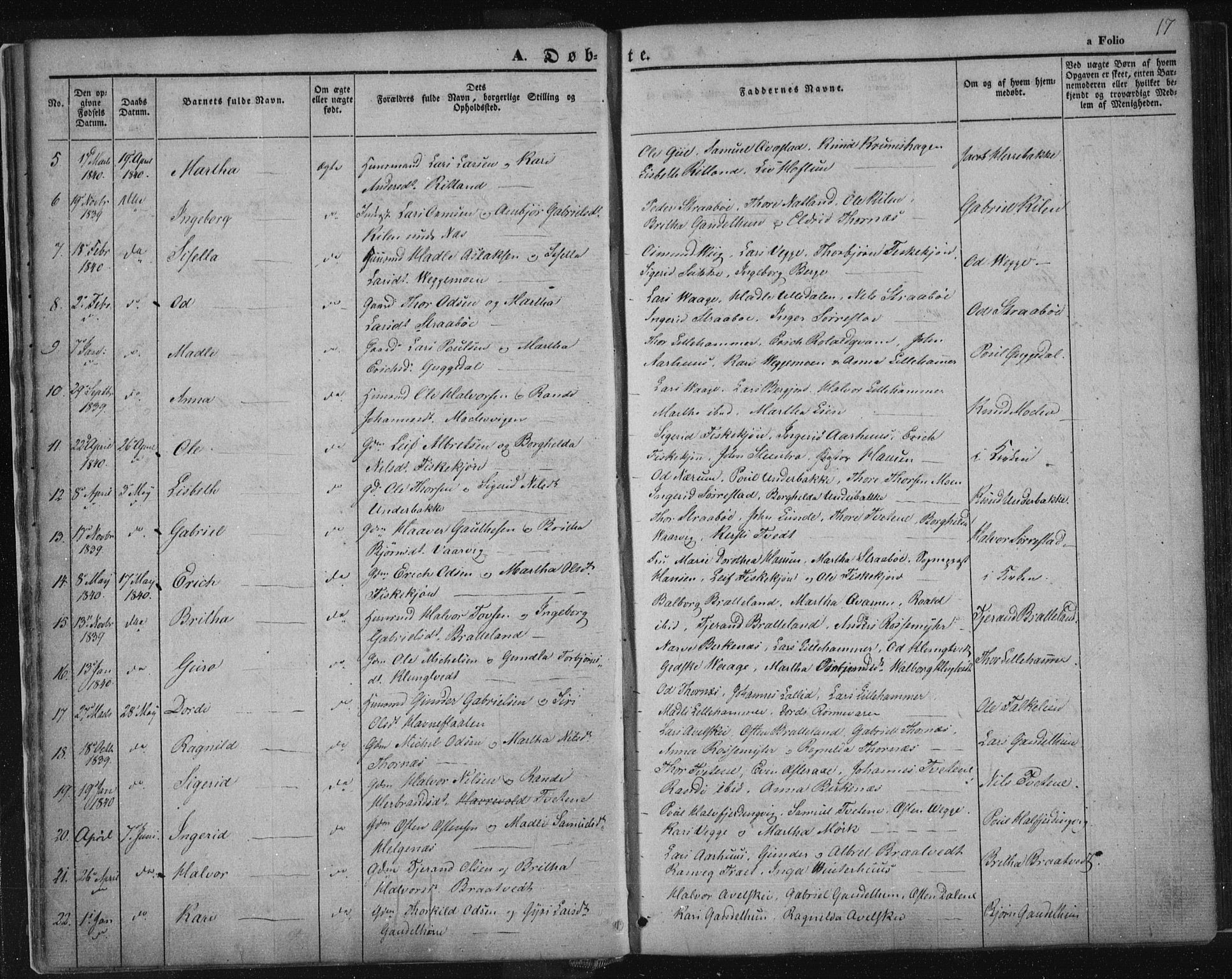 Suldal sokneprestkontor, SAST/A-101845/01/IV/L0008: Parish register (official) no. A 8, 1836-1853, p. 17