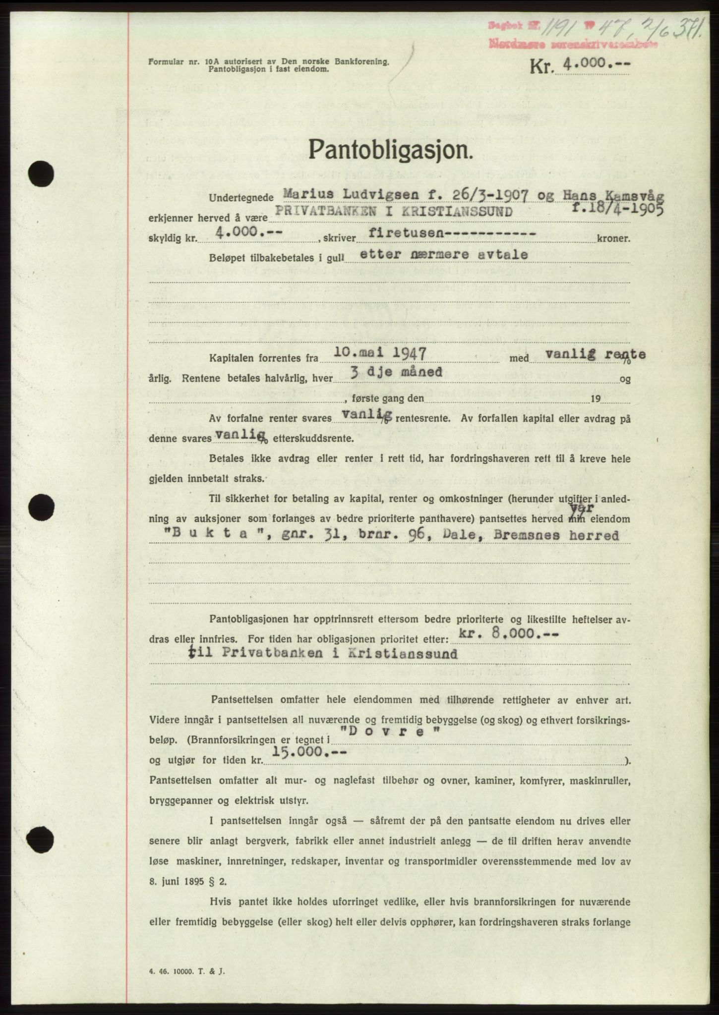 Nordmøre sorenskriveri, AV/SAT-A-4132/1/2/2Ca: Mortgage book no. B96, 1947-1947, Diary no: : 1191/1947