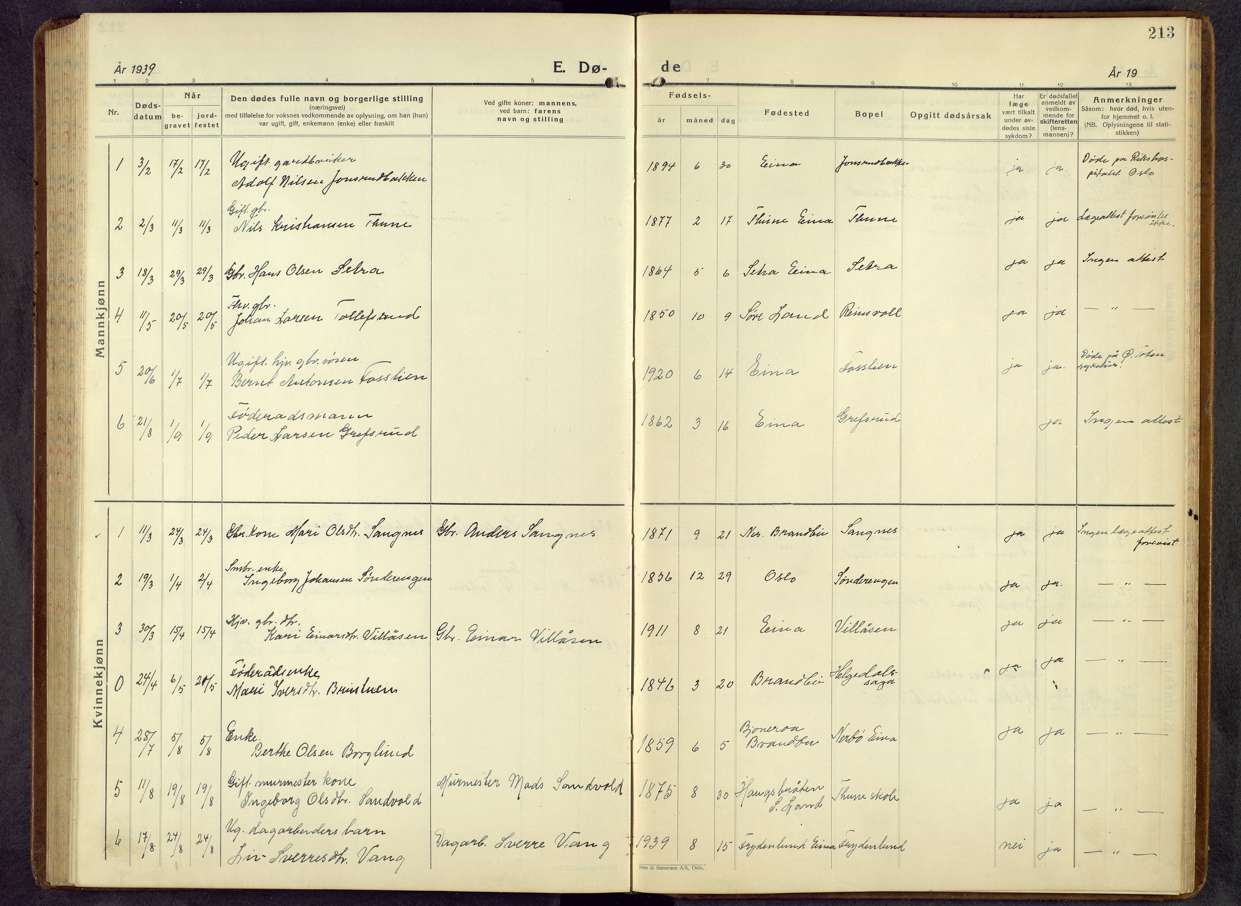 Kolbu prestekontor, AV/SAH-PREST-110/H/Ha/Hab/L0003: Parish register (copy) no. 3, 1935-1966, p. 213