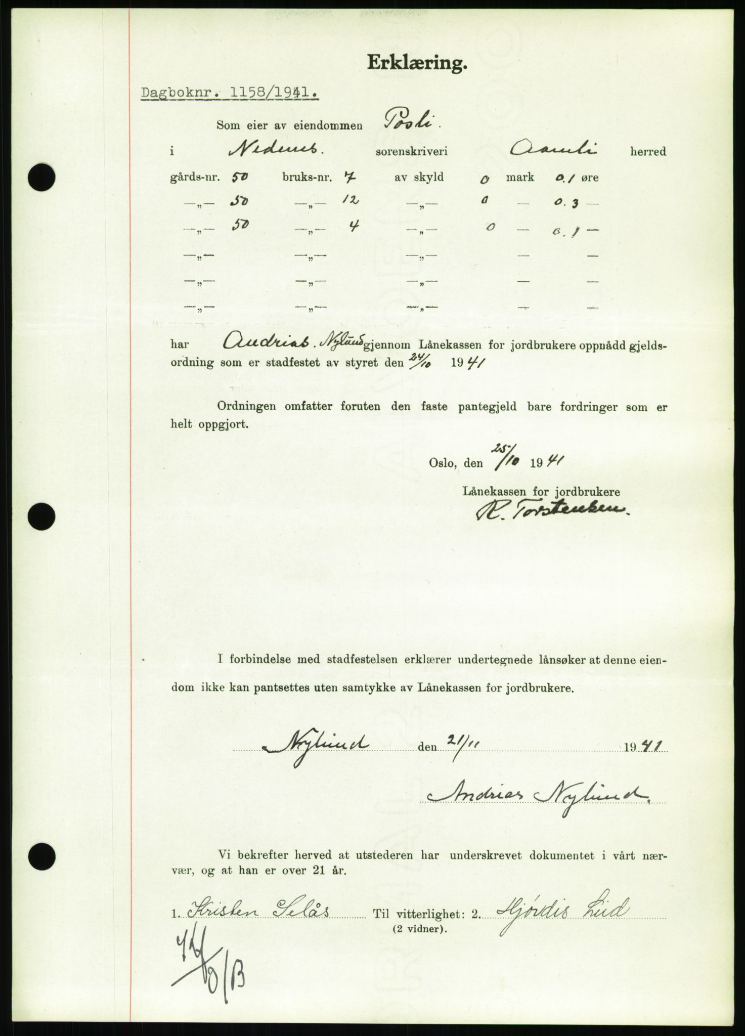 Nedenes sorenskriveri, AV/SAK-1221-0006/G/Gb/Gbb/L0001: Mortgage book no. I, 1939-1942, Diary no: : 1158/1941