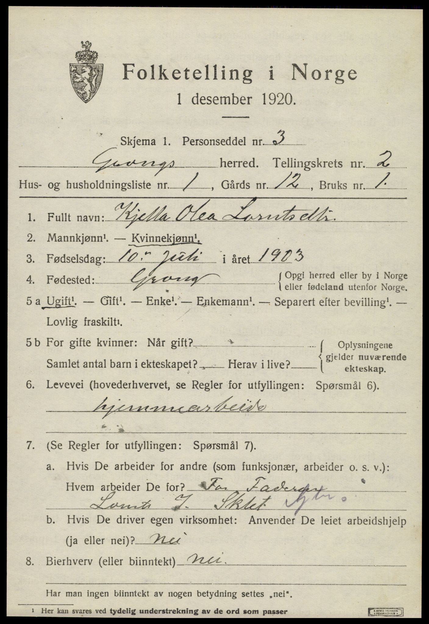 SAT, 1920 census for Grong, 1920, p. 1553