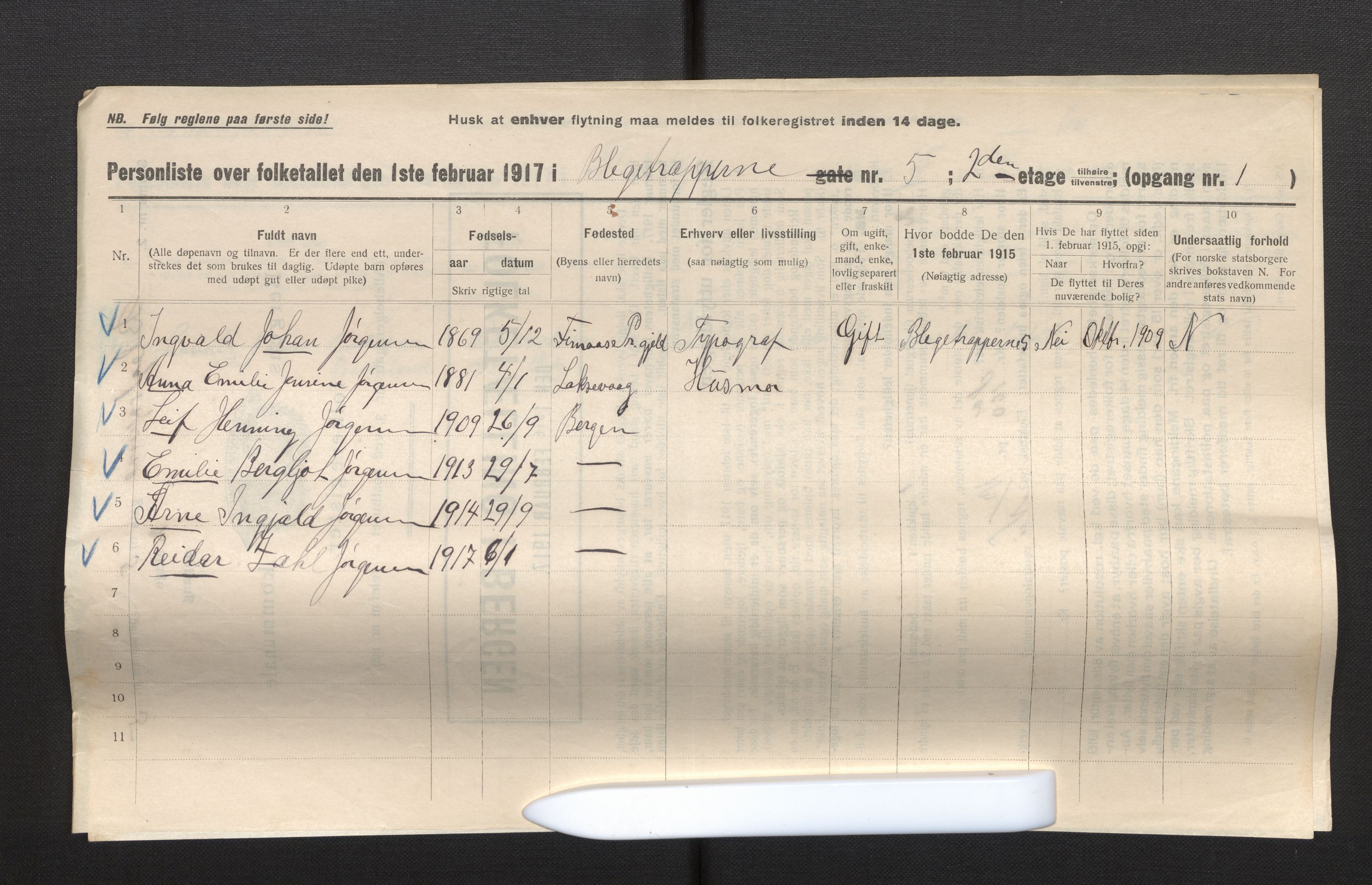SAB, Municipal Census 1917 for Bergen, 1917, p. 2823