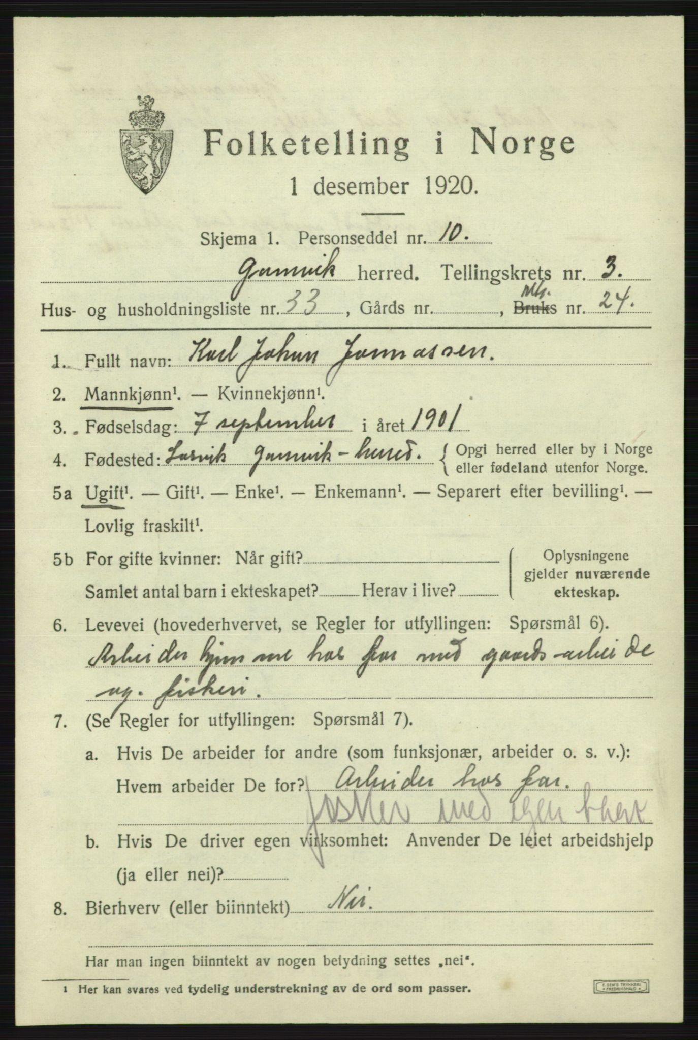 SATØ, 1920 census for Gamvik, 1920, p. 2868