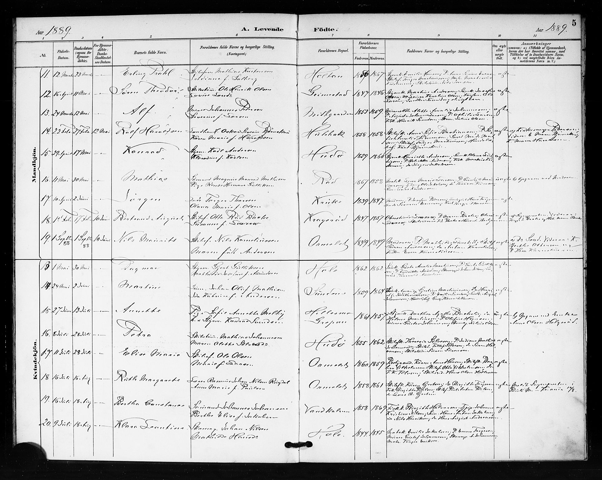 Tjøme kirkebøker, SAKO/A-328/F/Fa/L0002: Parish register (official) no. 2, 1888-1890, p. 5