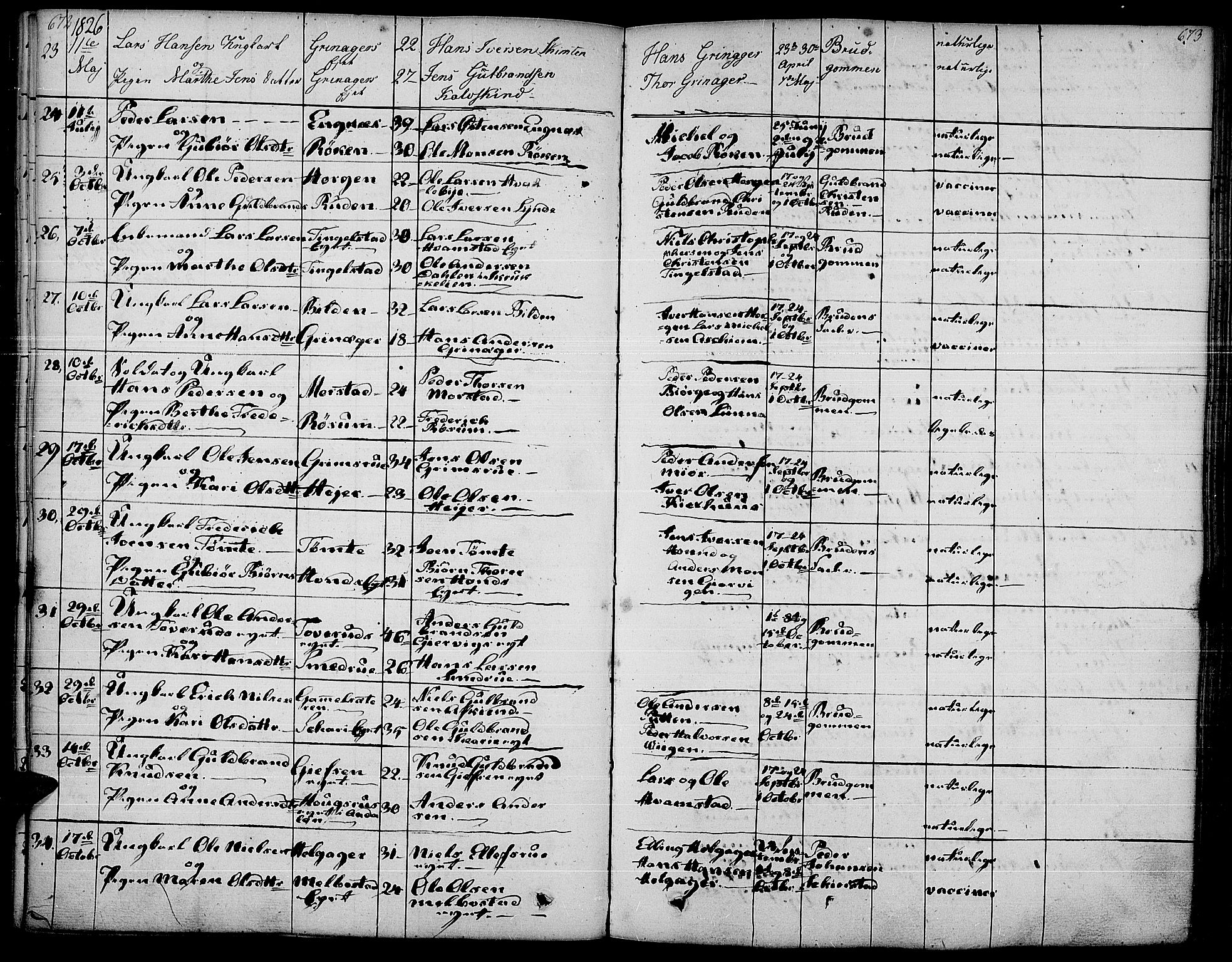 Gran prestekontor, SAH/PREST-112/H/Ha/Haa/L0010: Parish register (official) no. 10, 1824-1842, p. 672-673