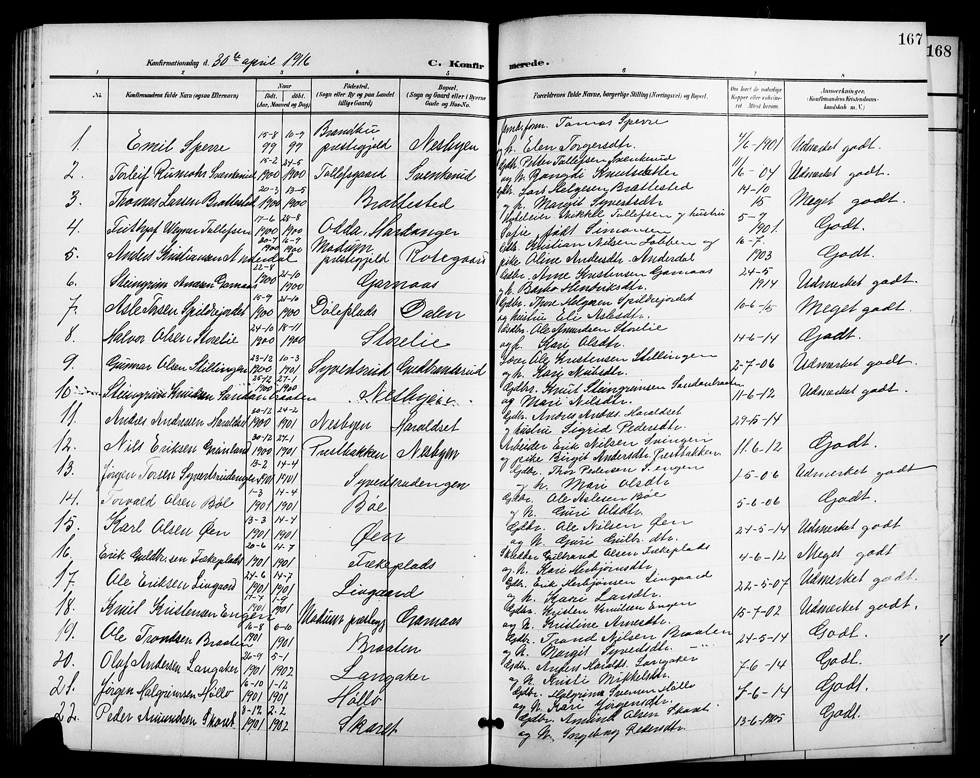 Nes kirkebøker, SAKO/A-236/G/Ga/L0004: Parish register (copy) no. I 4, 1900-1925, p. 167