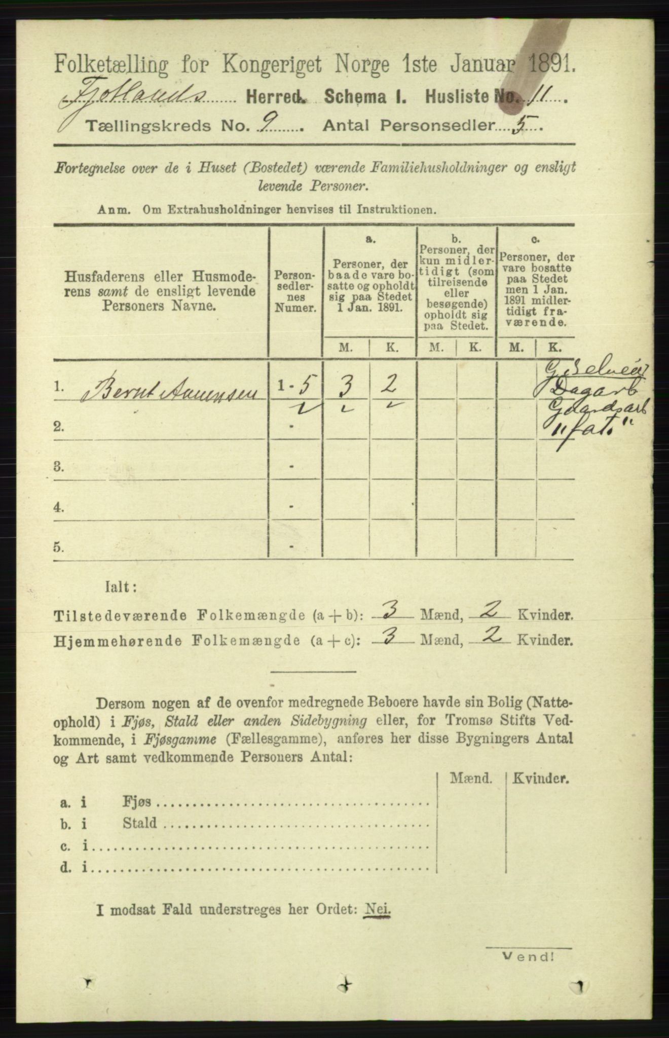 RA, 1891 census for 1036 Fjotland, 1891, p. 1292