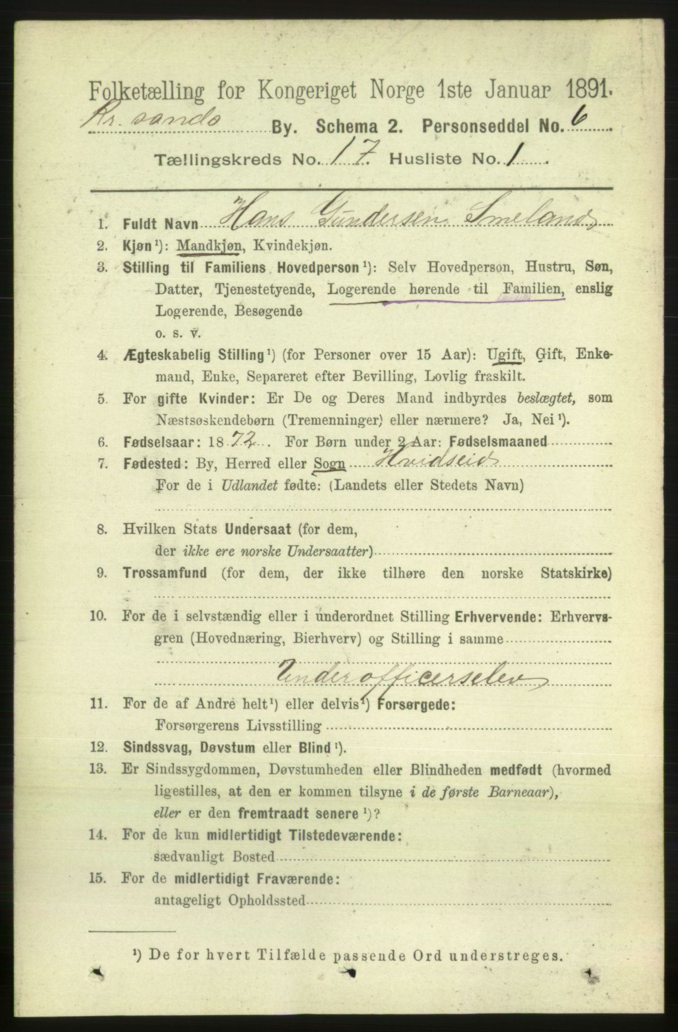 RA, 1891 census for 1001 Kristiansand, 1891, p. 6683