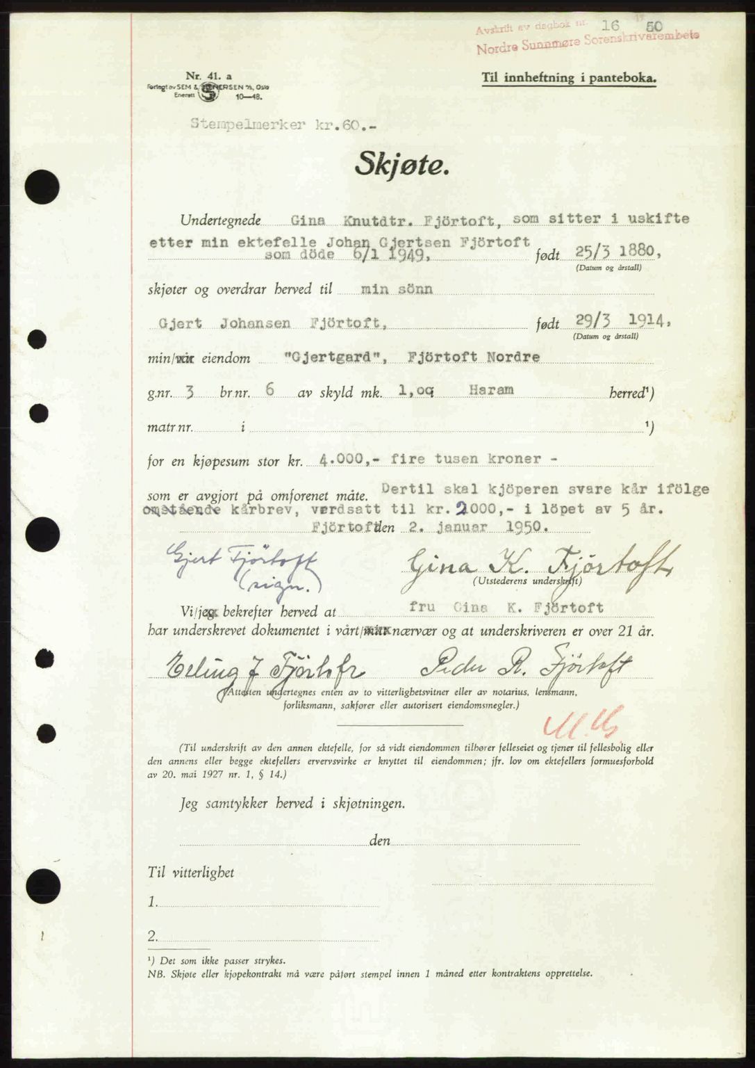 Nordre Sunnmøre sorenskriveri, AV/SAT-A-0006/1/2/2C/2Ca: Mortgage book no. A33, 1949-1950, Diary no: : 16/1950