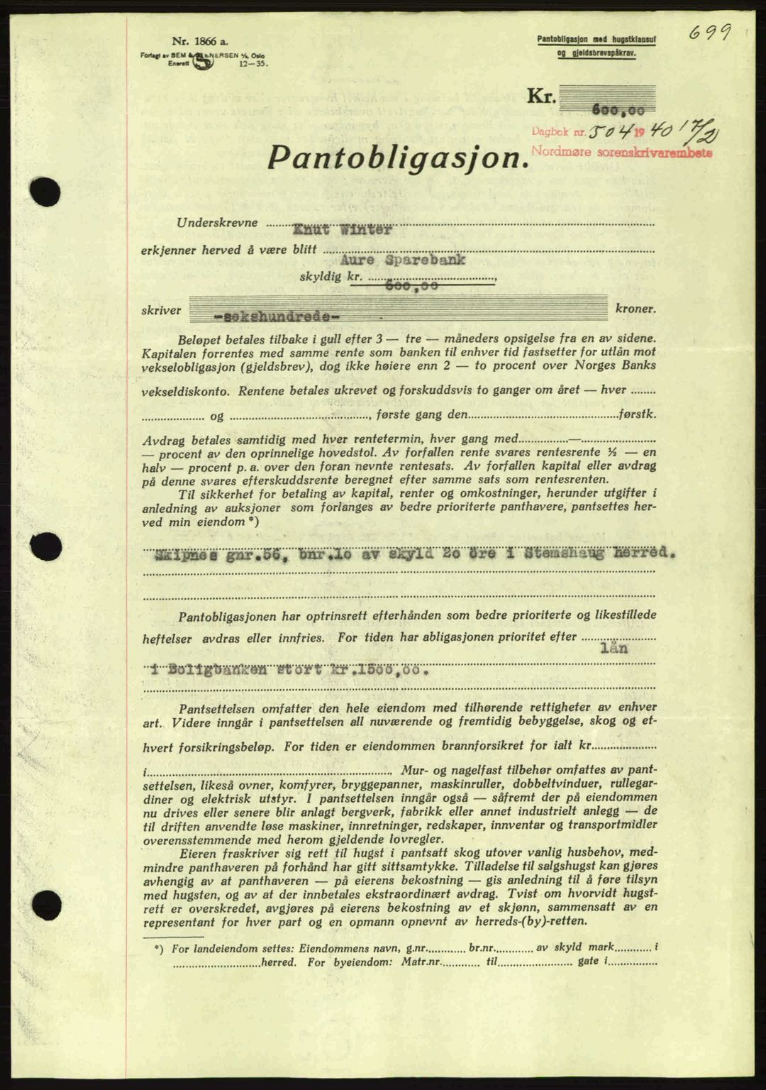 Nordmøre sorenskriveri, AV/SAT-A-4132/1/2/2Ca: Mortgage book no. B86, 1939-1940, Diary no: : 495/1940