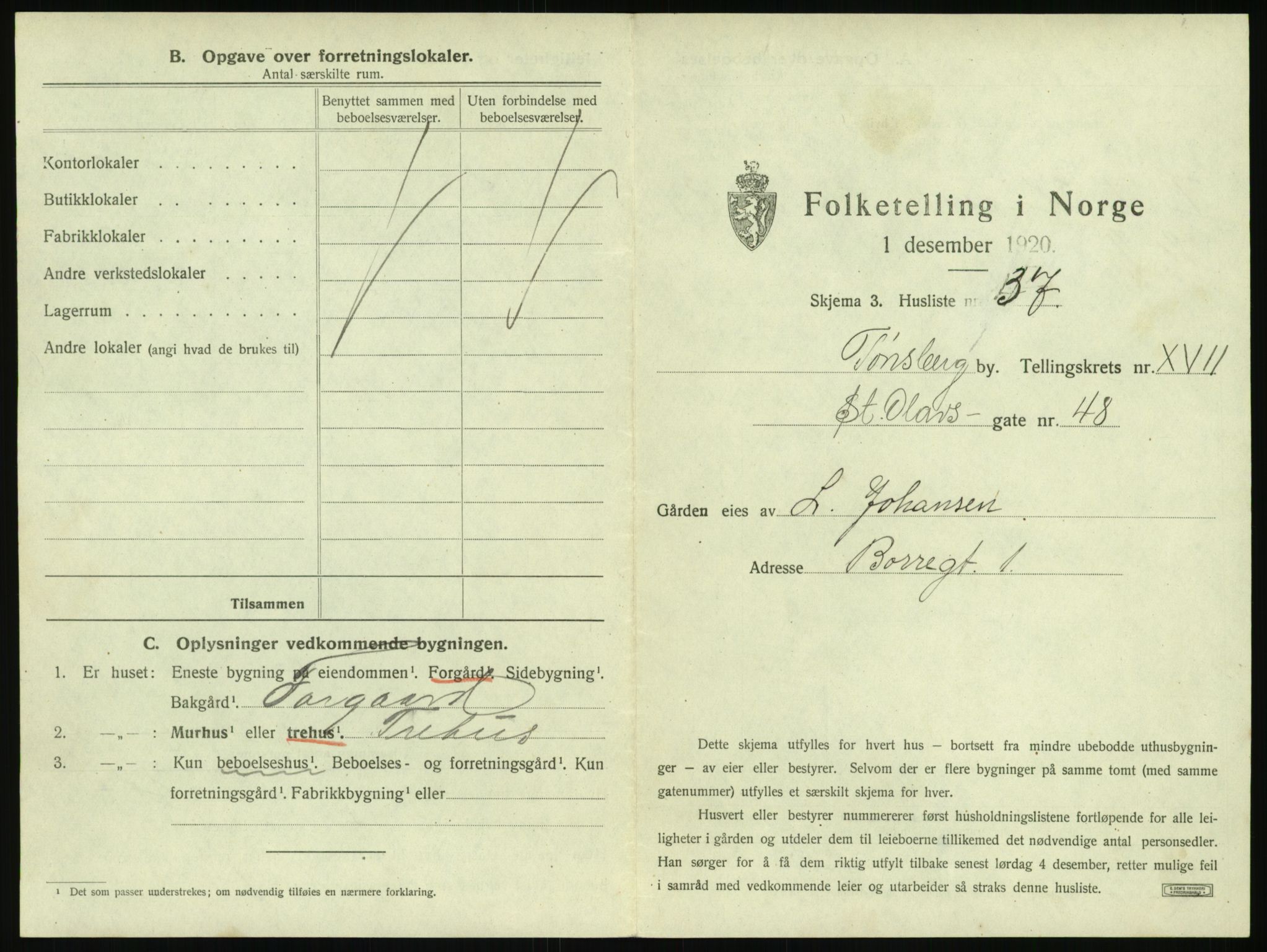 SAKO, 1920 census for Tønsberg, 1920, p. 1845