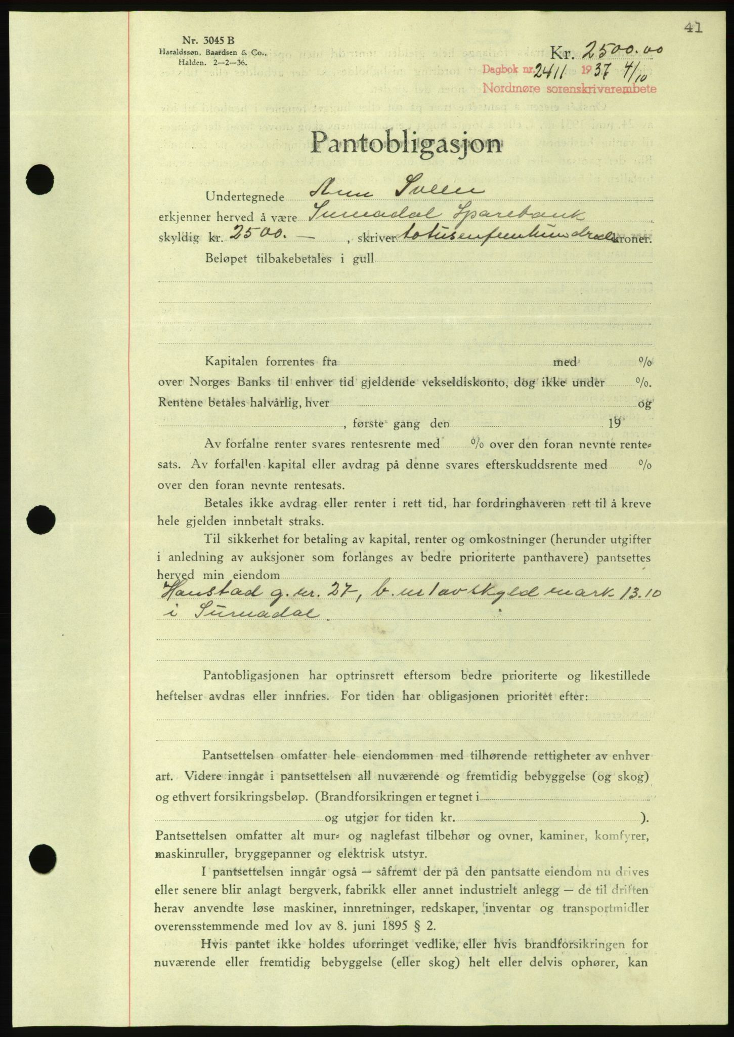 Nordmøre sorenskriveri, AV/SAT-A-4132/1/2/2Ca/L0092: Mortgage book no. B82, 1937-1938, Diary no: : 2411/1937