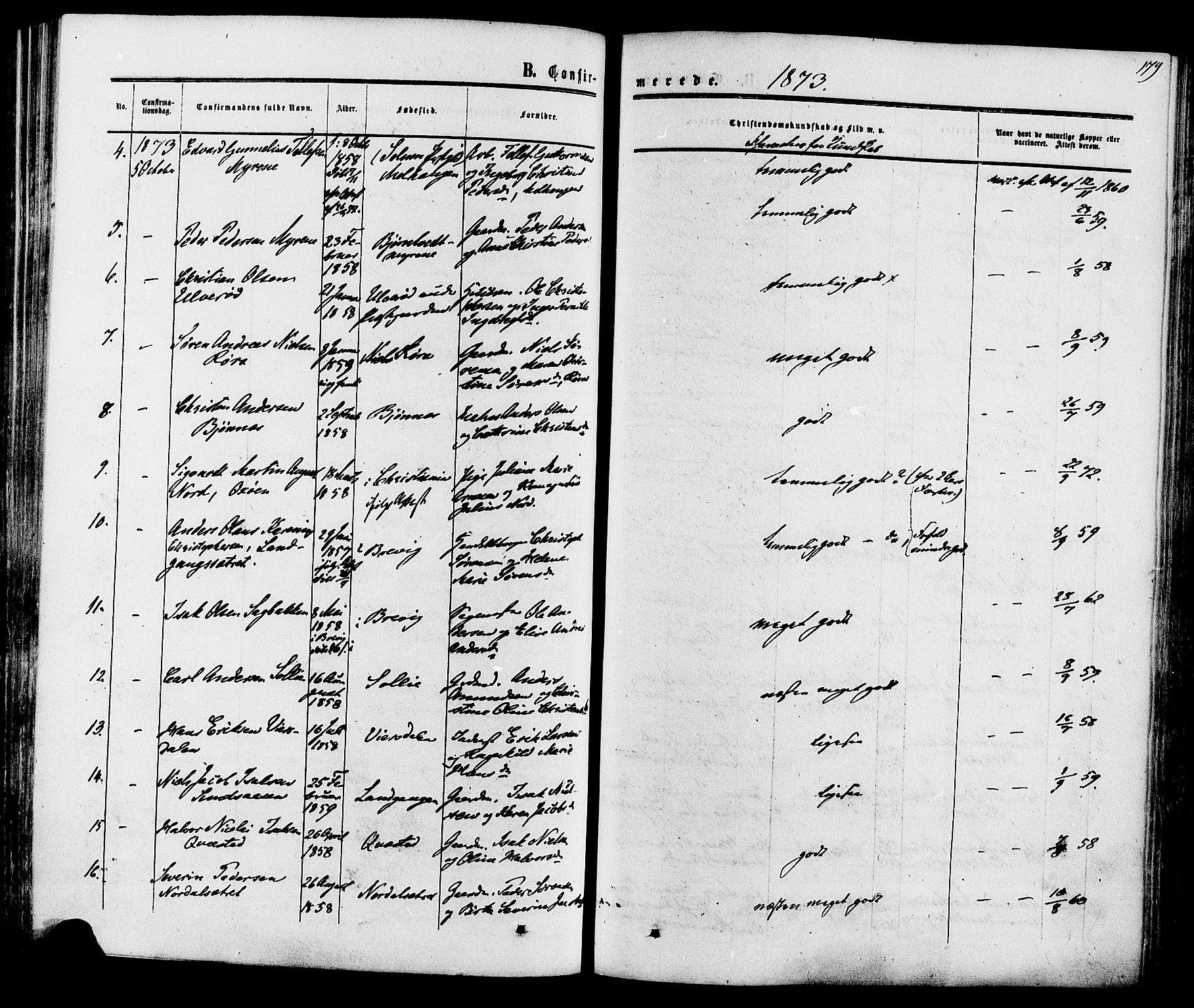 Eidanger kirkebøker, SAKO/A-261/F/Fa/L0010: Parish register (official) no. 10, 1859-1874, p. 179