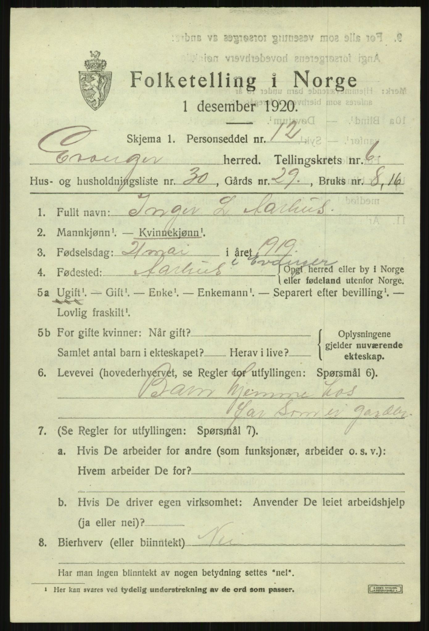 SAB, 1920 census for Evanger, 1920, p. 2313