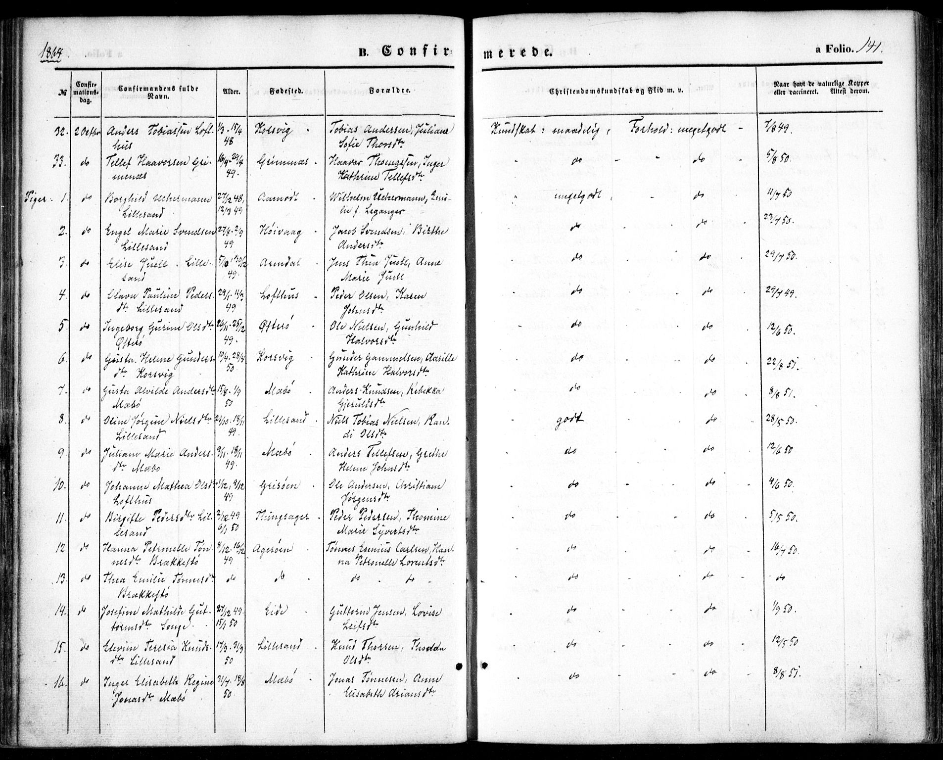 Vestre Moland sokneprestkontor, AV/SAK-1111-0046/F/Fa/Fab/L0007: Parish register (official) no. A 7, 1859-1872, p. 141