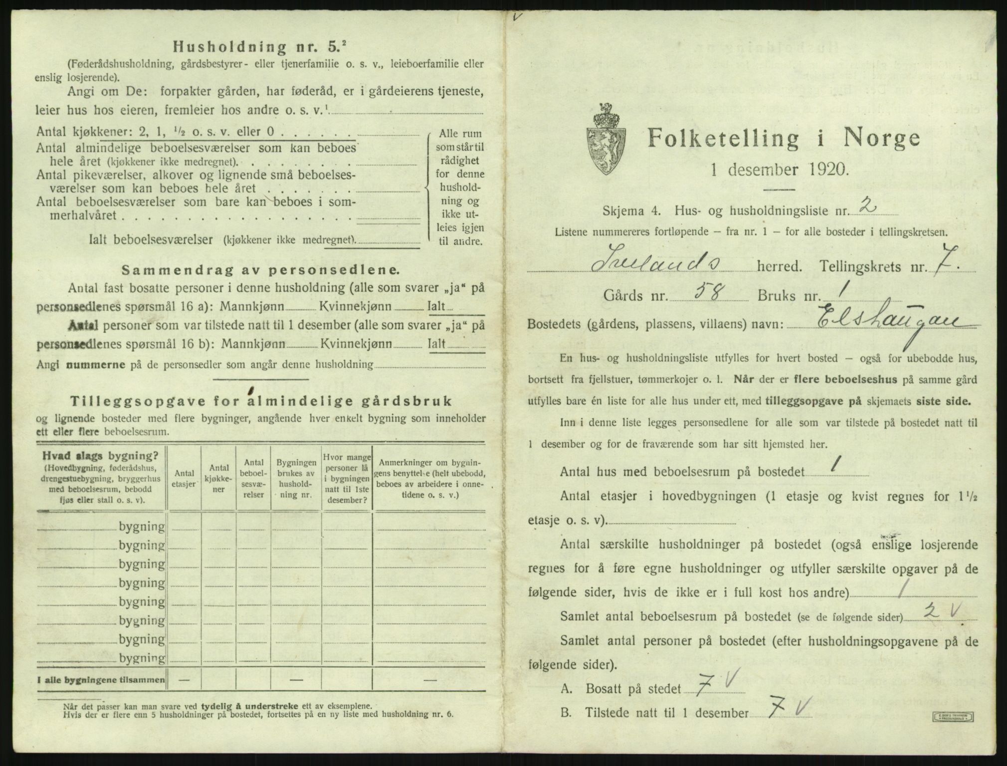 SAK, 1920 census for Iveland, 1920, p. 339