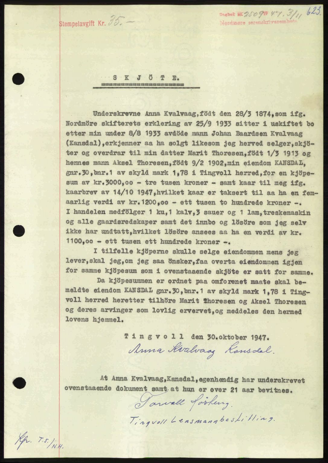 Nordmøre sorenskriveri, AV/SAT-A-4132/1/2/2Ca: Mortgage book no. A106, 1947-1947, Diary no: : 2509/1947