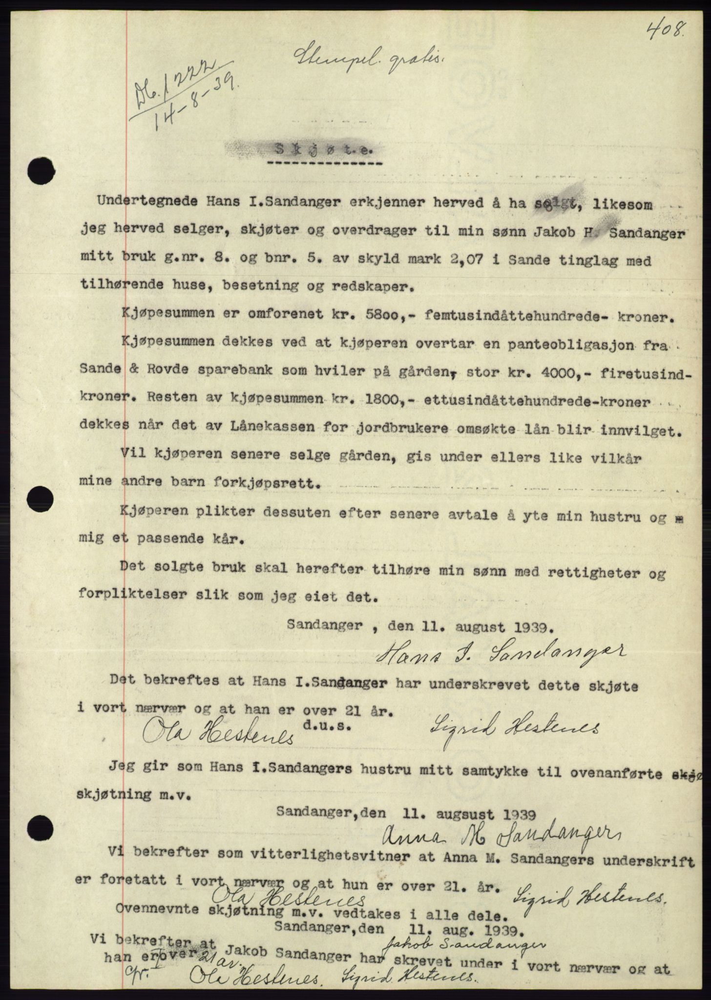 Søre Sunnmøre sorenskriveri, AV/SAT-A-4122/1/2/2C/L0068: Mortgage book no. 62, 1939-1939, Diary no: : 1222/1939