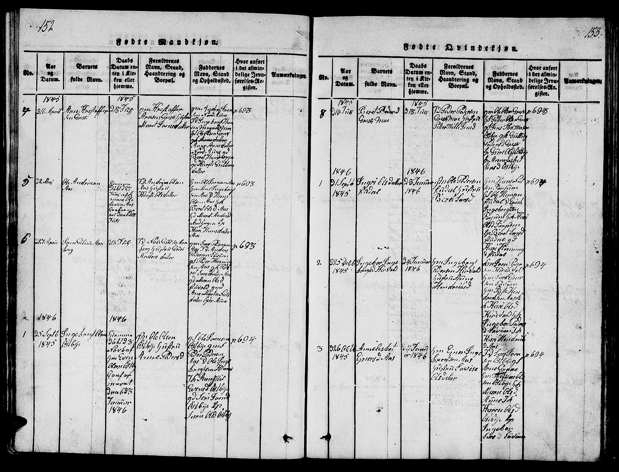 Ministerialprotokoller, klokkerbøker og fødselsregistre - Sør-Trøndelag, SAT/A-1456/698/L1164: Parish register (copy) no. 698C01, 1816-1861, p. 152-153