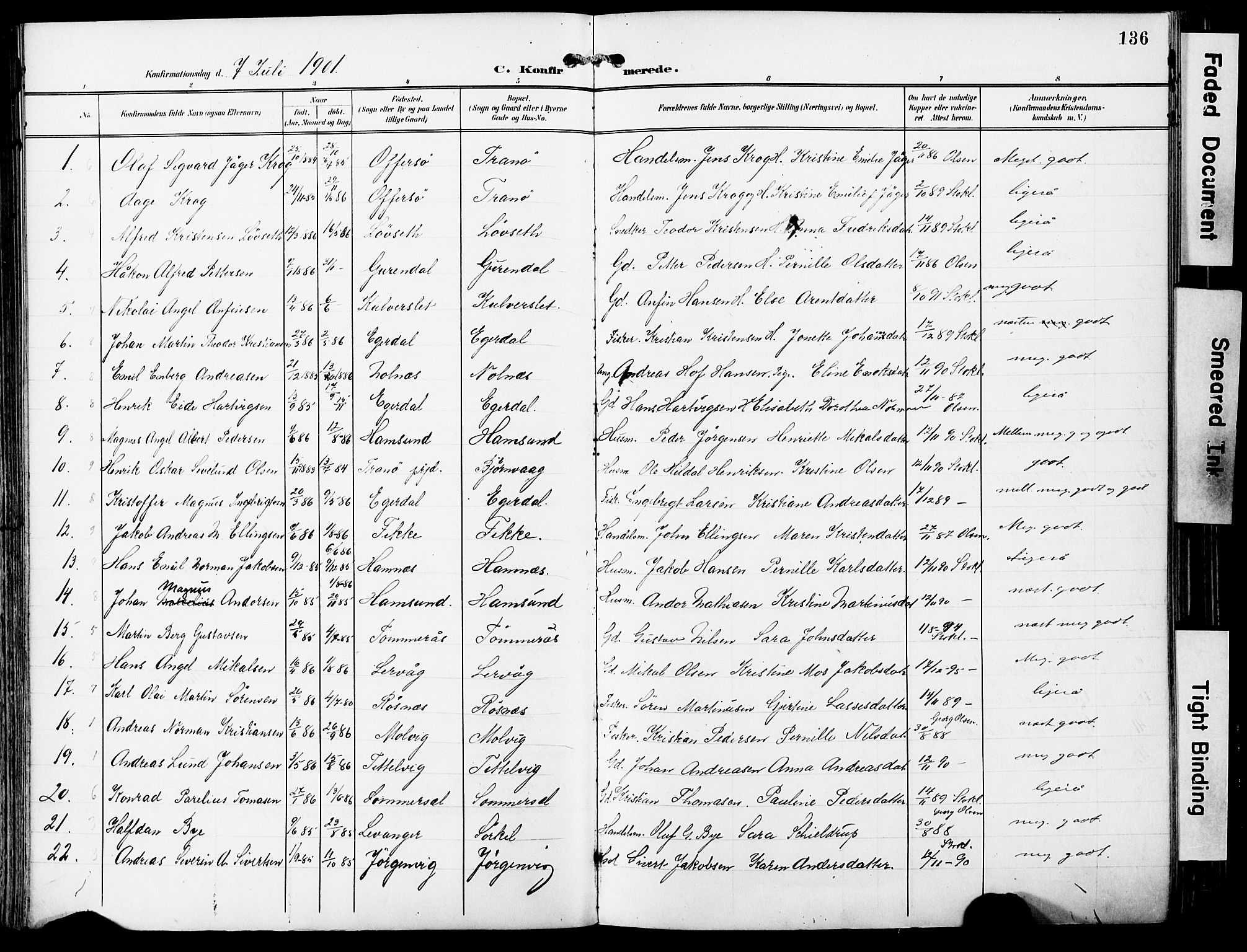 Ministerialprotokoller, klokkerbøker og fødselsregistre - Nordland, AV/SAT-A-1459/859/L0848: Parish register (official) no. 859A08, 1900-1912, p. 136