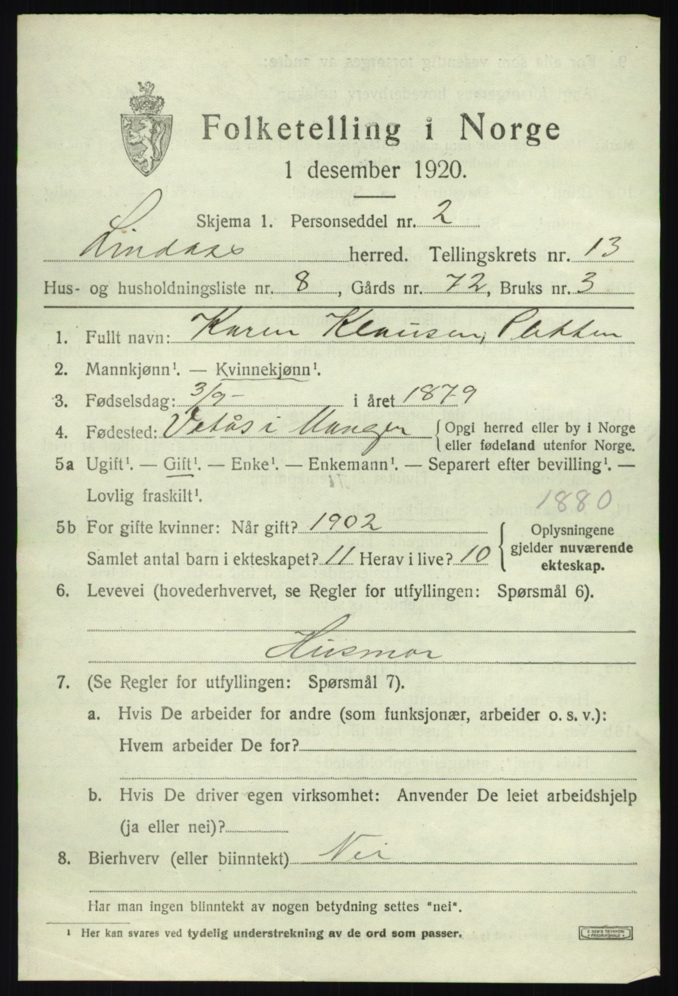 SAB, 1920 census for Lindås, 1920, p. 6435