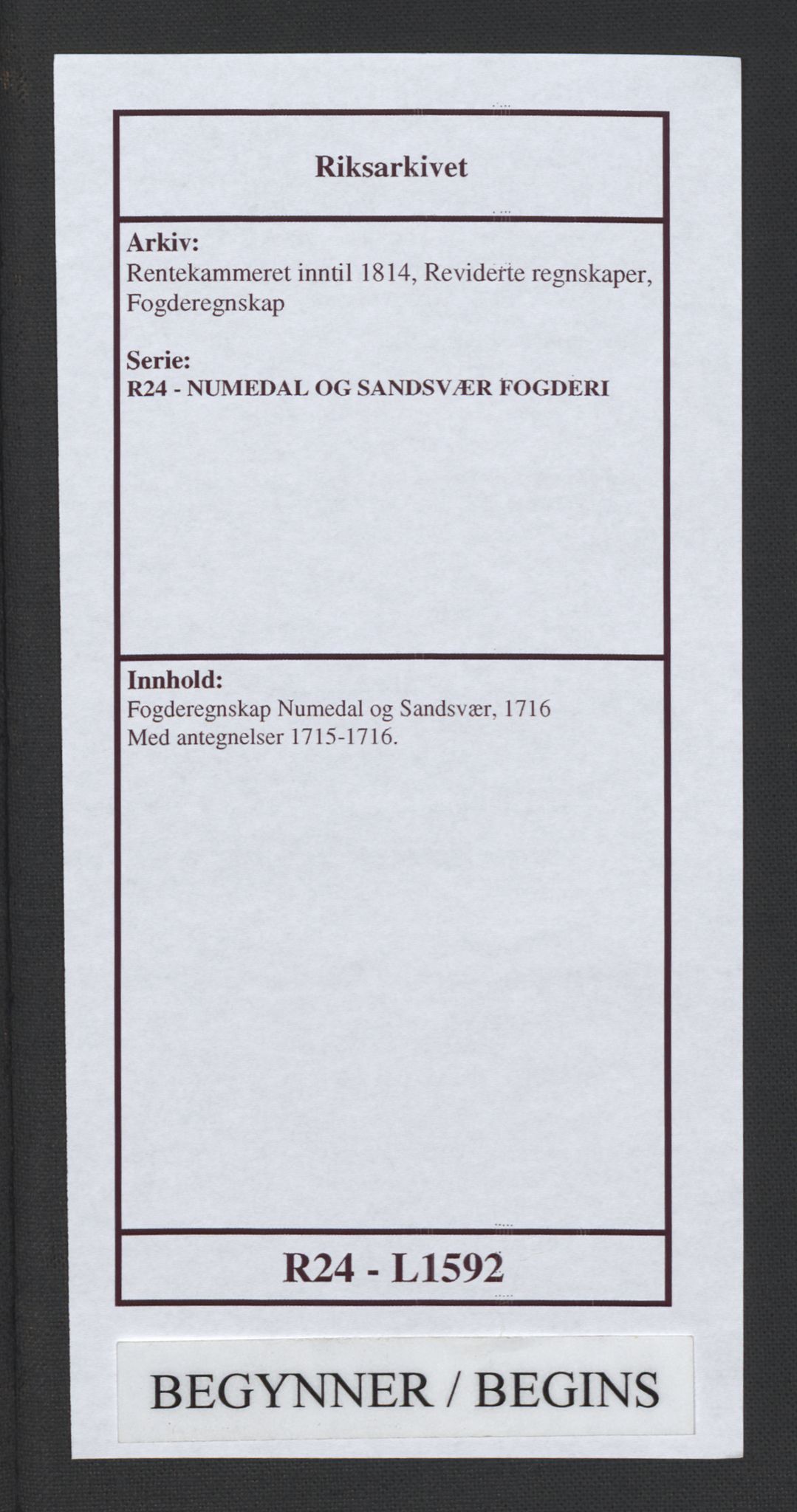 Rentekammeret inntil 1814, Reviderte regnskaper, Fogderegnskap, AV/RA-EA-4092/R24/L1592: Fogderegnskap Numedal og Sandsvær, 1716, p. 1