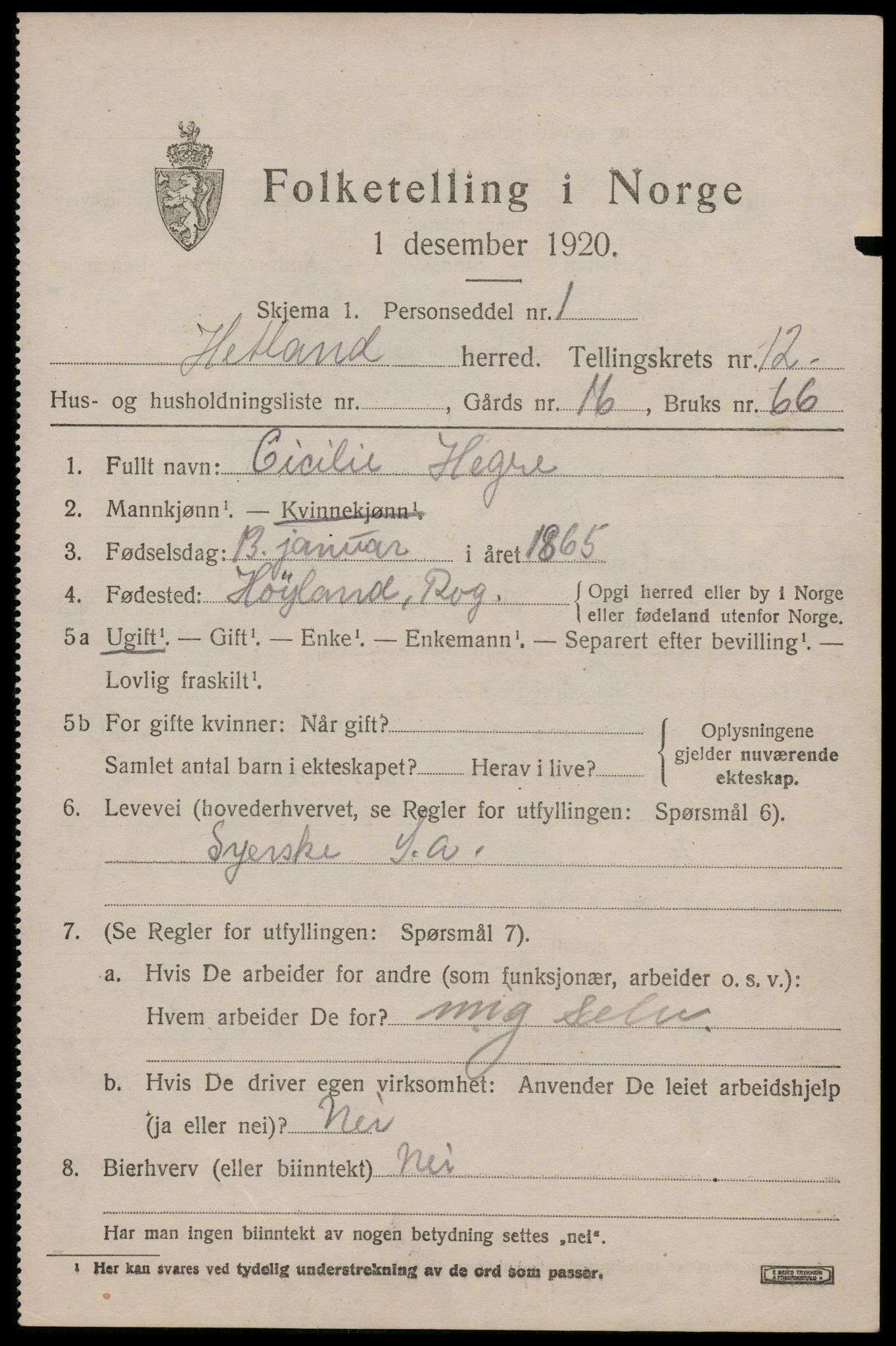 SAST, 1920 census for Hetland, 1920, p. 21641