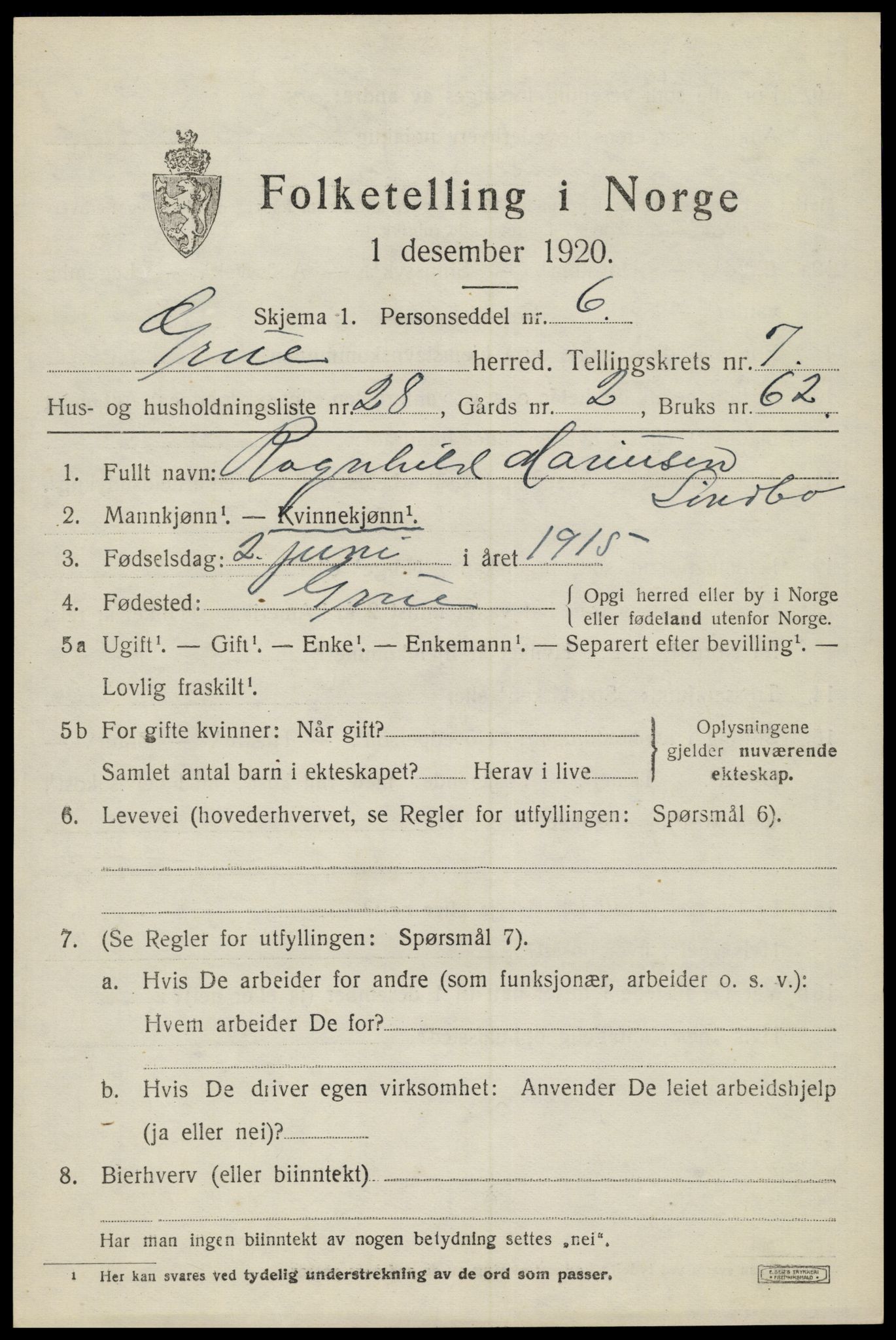 SAH, 1920 census for Grue, 1920, p. 6379