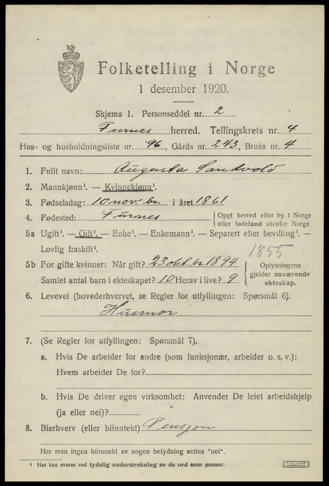 SAH, 1920 census for Furnes, 1920, p. 6969